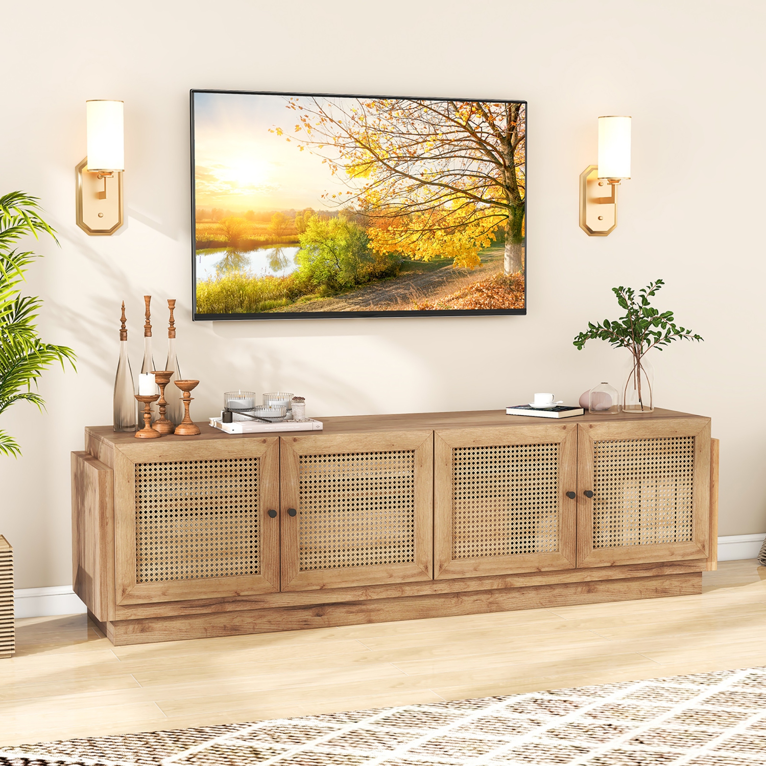 Gymax 4-Door PE Rattan Media Console Table Farmhouse TV Stand for TVs up to 75'' Oak