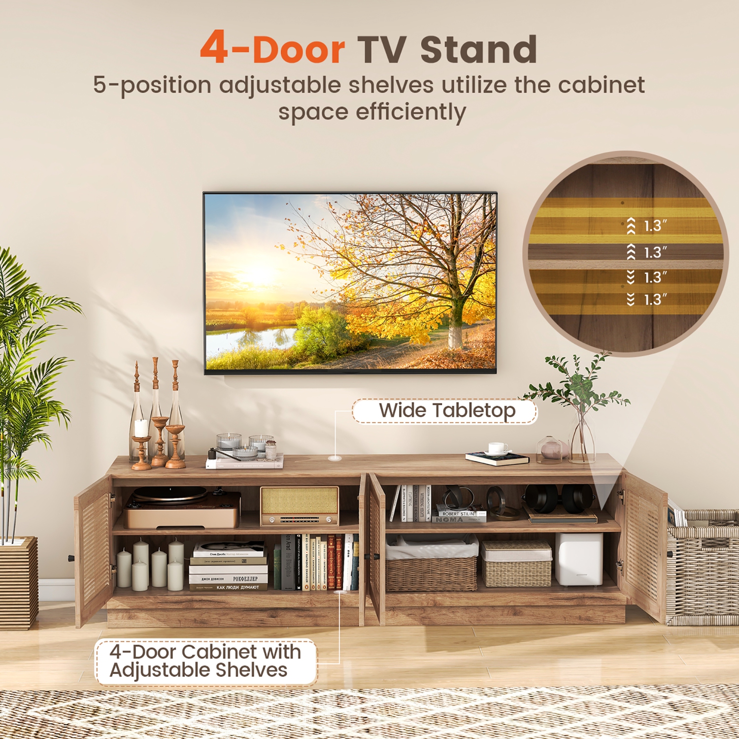 Gymax 4-Door PE Rattan Media Console Table Farmhouse TV Stand for TVs up to 75'' Oak
