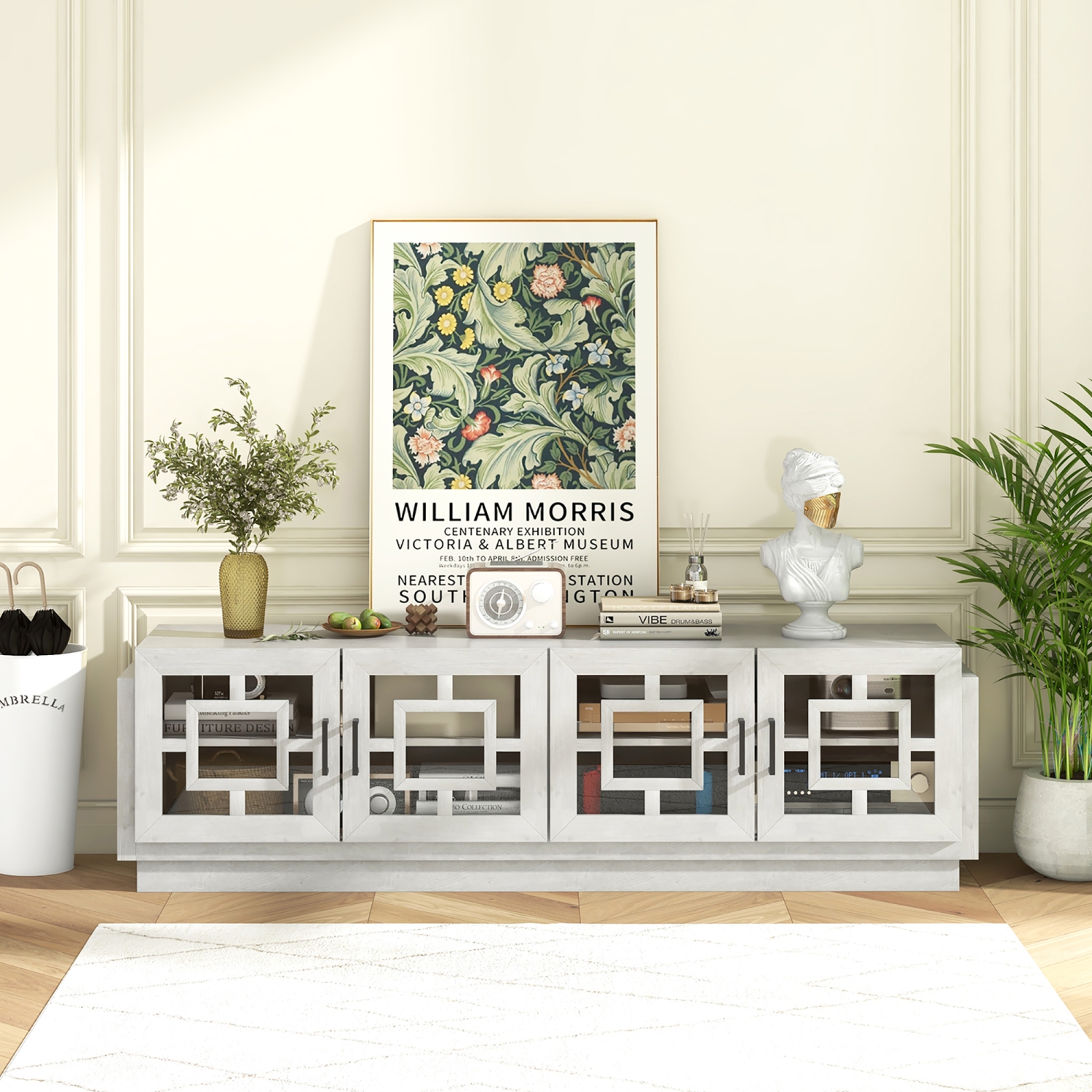 Gymax 4-Door Glass Entertainment Center Farmhouse TV Stand for TVs up to 75'' Oak White