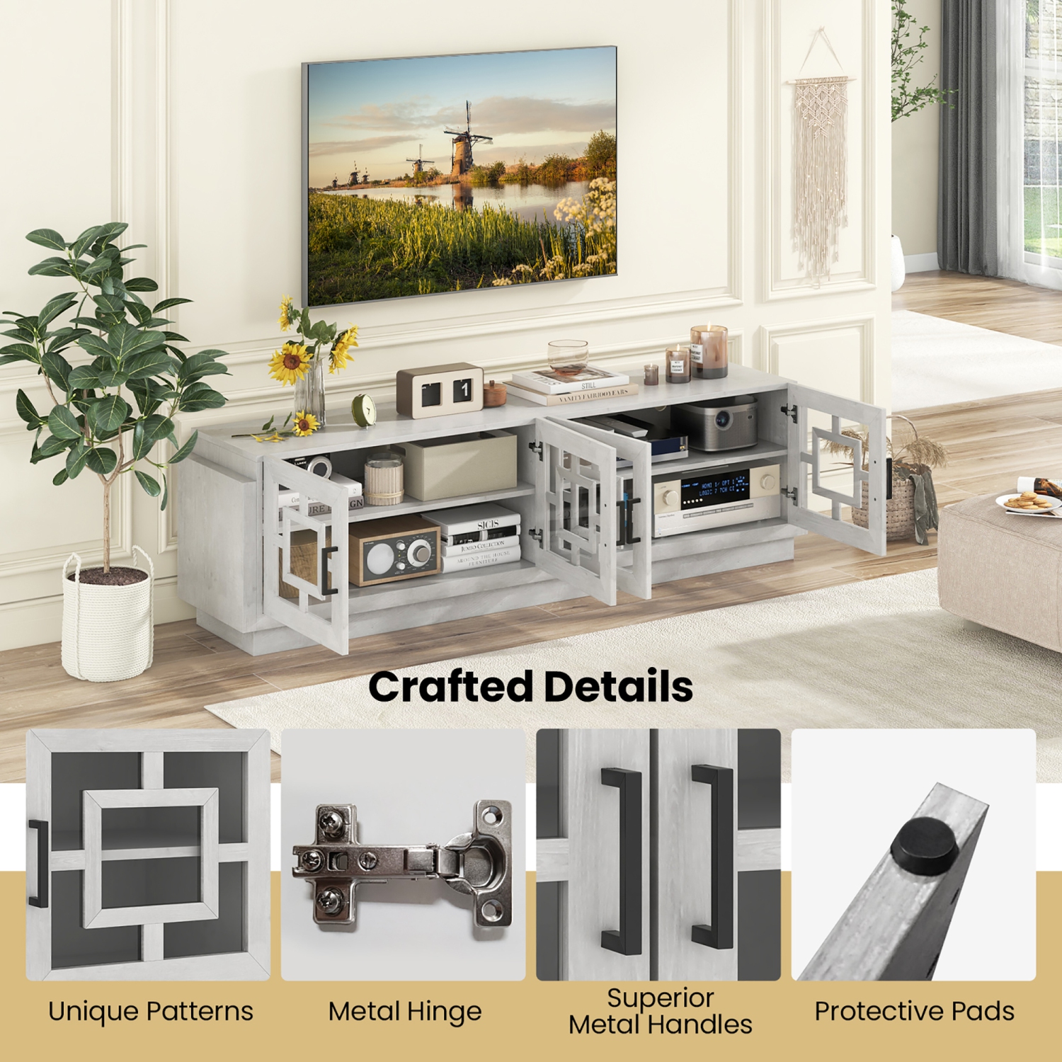 Gymax 4-Door Glass Entertainment Center Farmhouse TV Stand for TVs up to 75'' Oak White