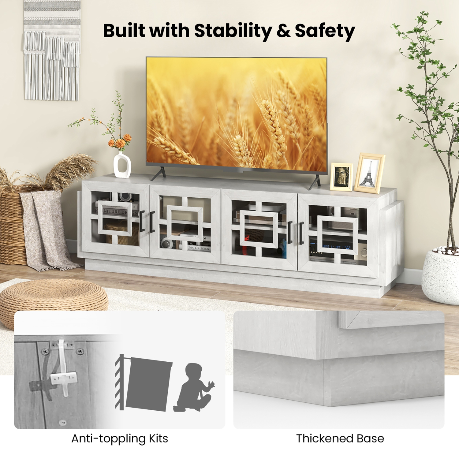 Gymax 4-Door Glass Entertainment Center Farmhouse TV Stand for TVs up to 75'' Oak White