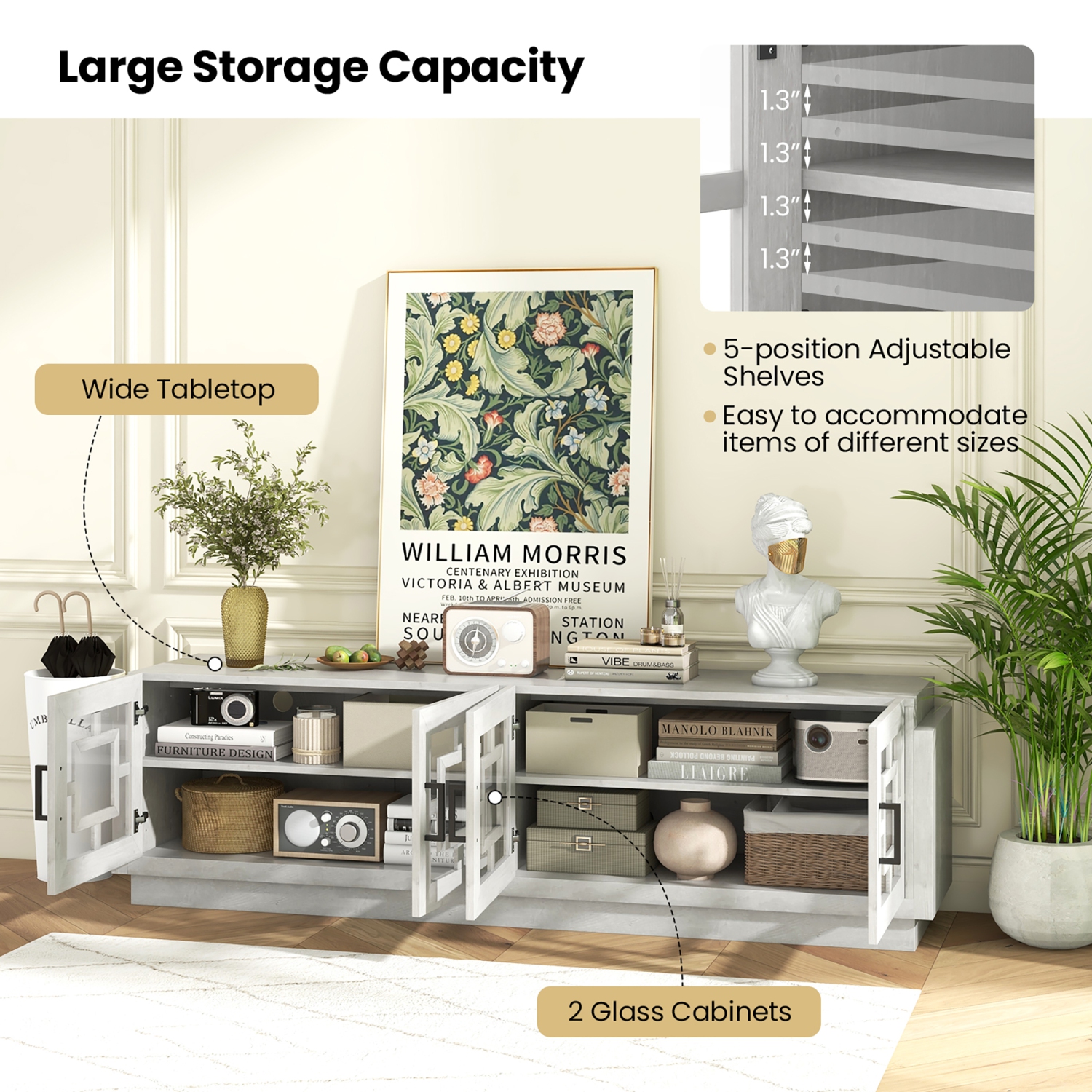 Gymax 4-Door Glass Entertainment Center Farmhouse TV Stand for TVs up to 75'' Oak White