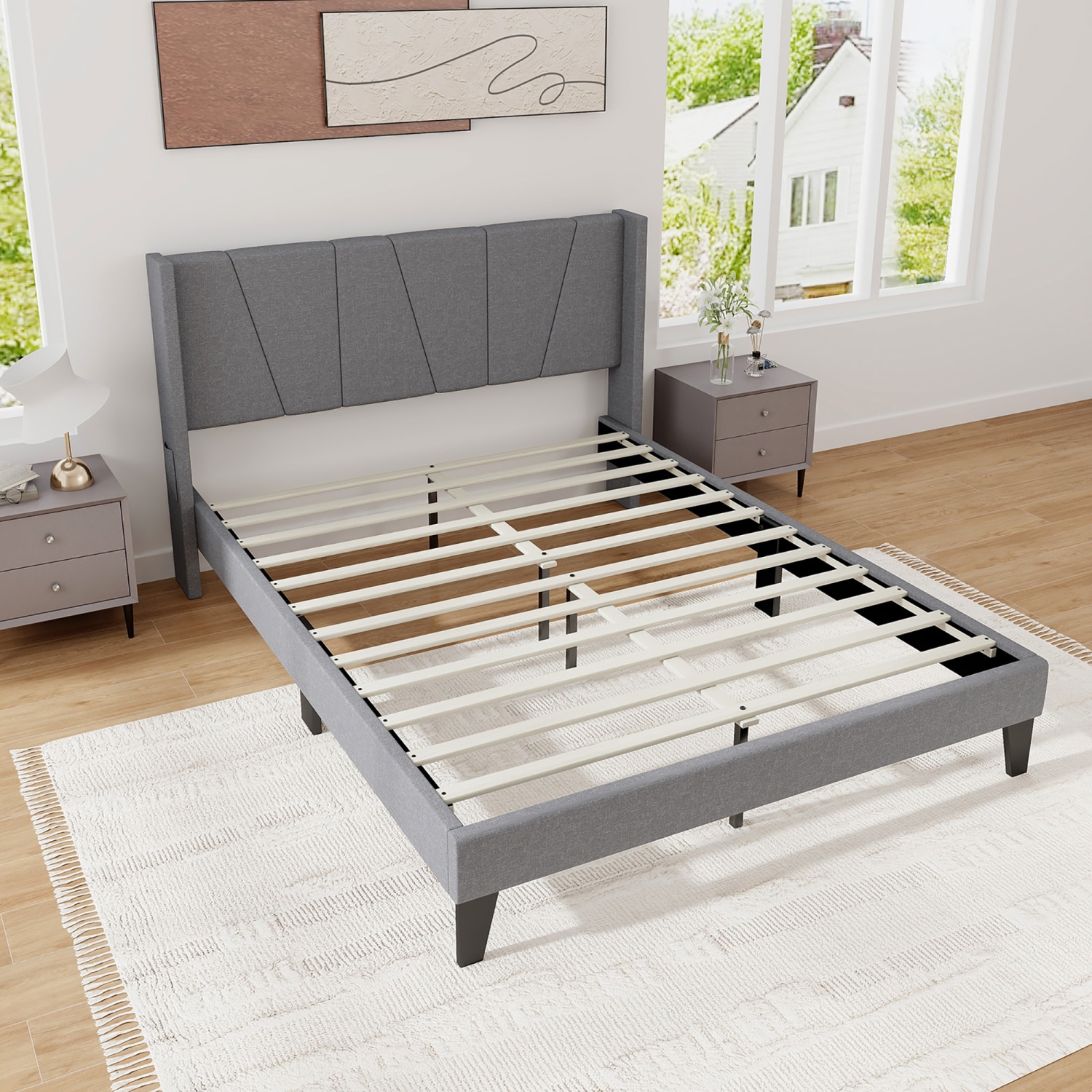 Gymax Queen Size Upholstered Bed Frame w/ Elastic Pockets Mattress Foundation Gray