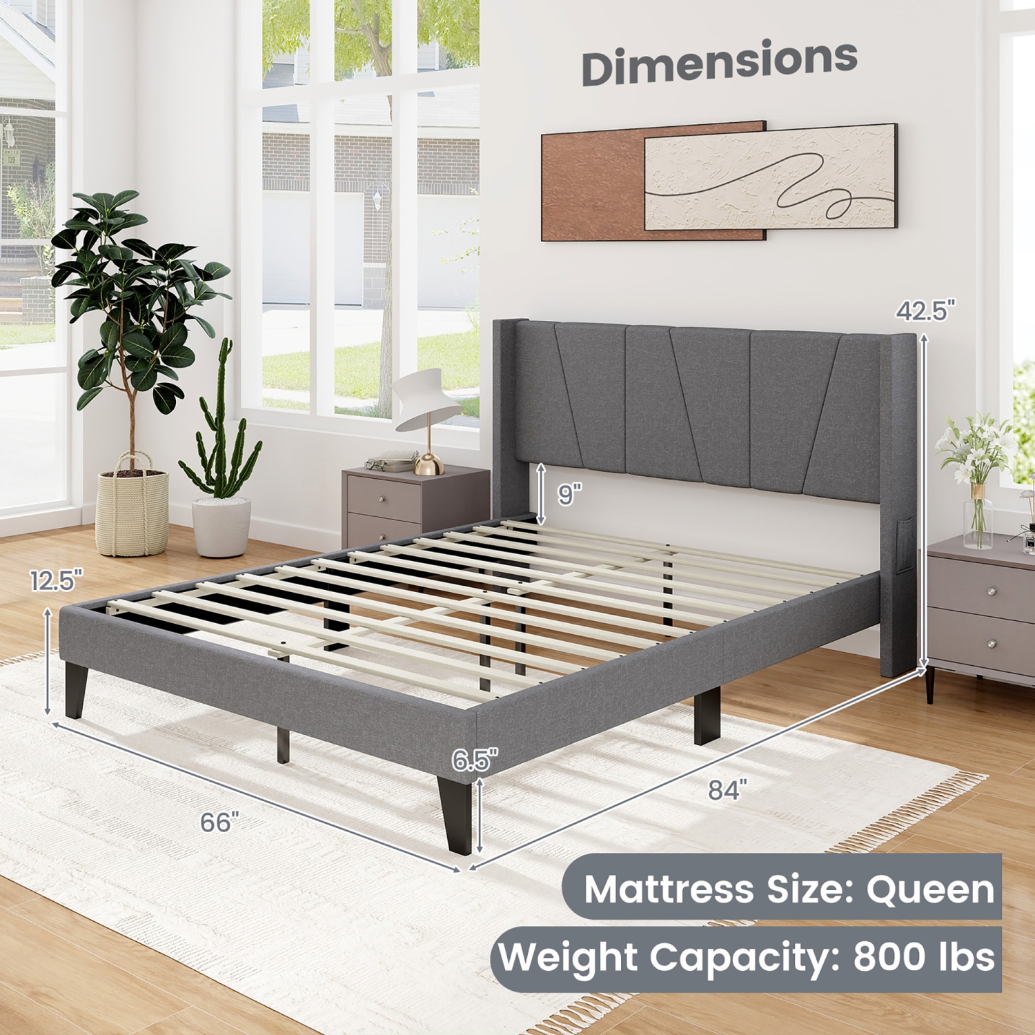 Gymax Queen Size Upholstered Bed Frame w/ Elastic Pockets Mattress Foundation Gray