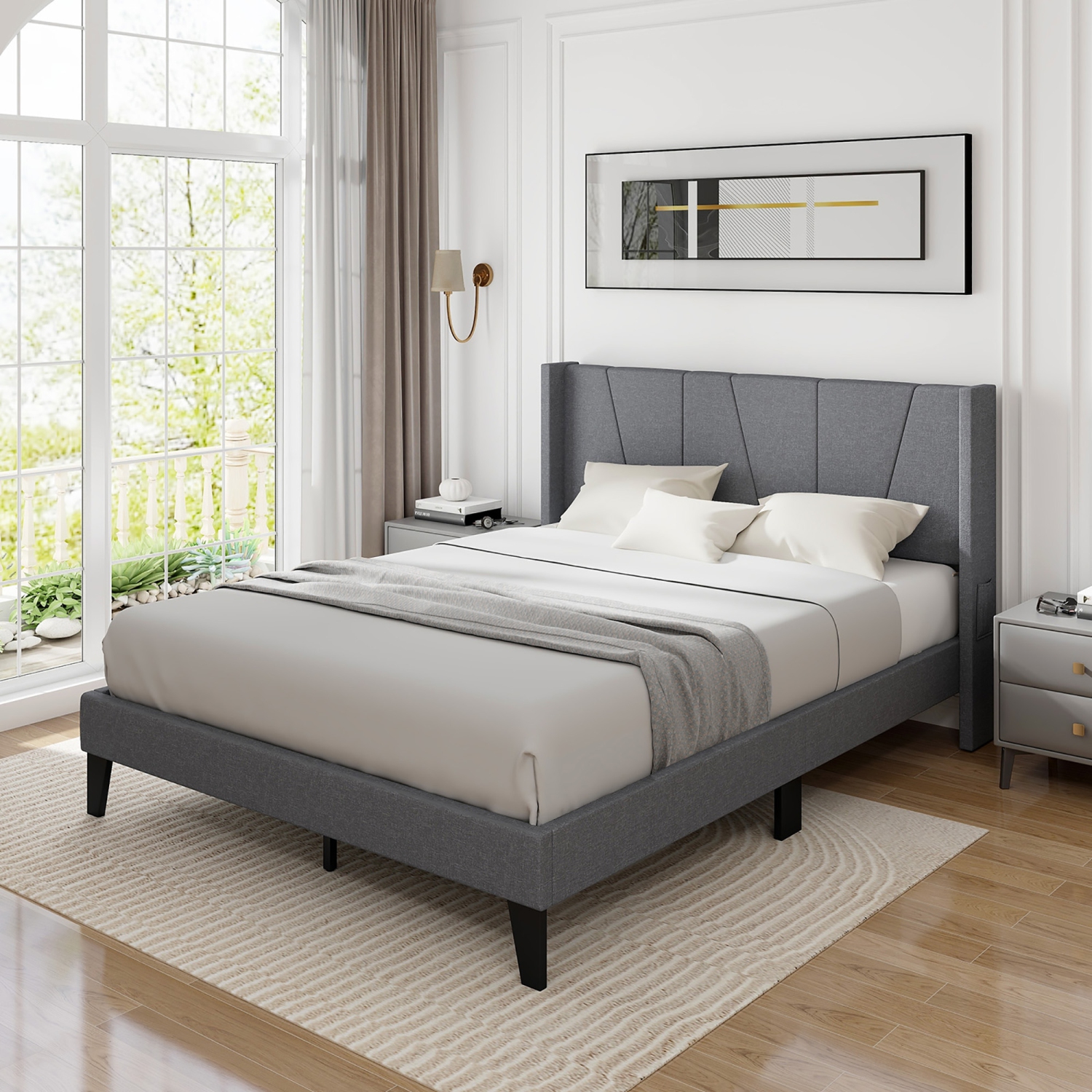 Gymax Queen Size Upholstered Bed Frame w/ Elastic Pockets Mattress Foundation Gray
