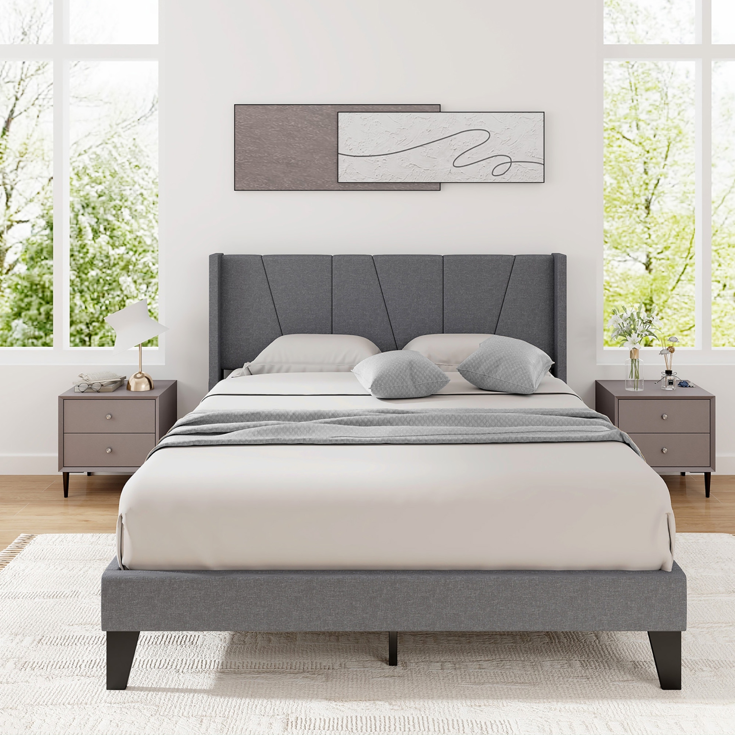 Gymax Queen Size Upholstered Bed Frame w/ Elastic Pockets Mattress Foundation Gray