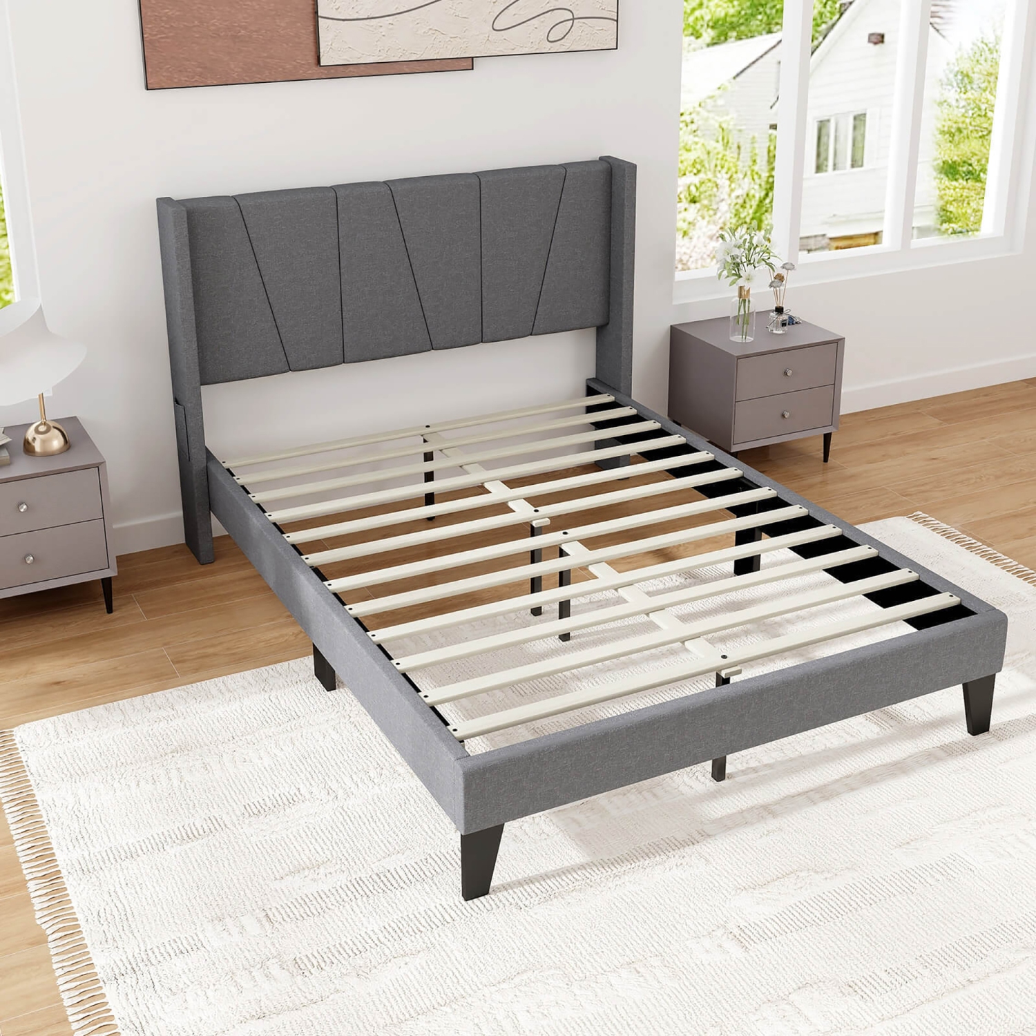 Gymax Full Size Upholstered Bed Frame w/ Elastic Pockets Mattress Foundation Gray