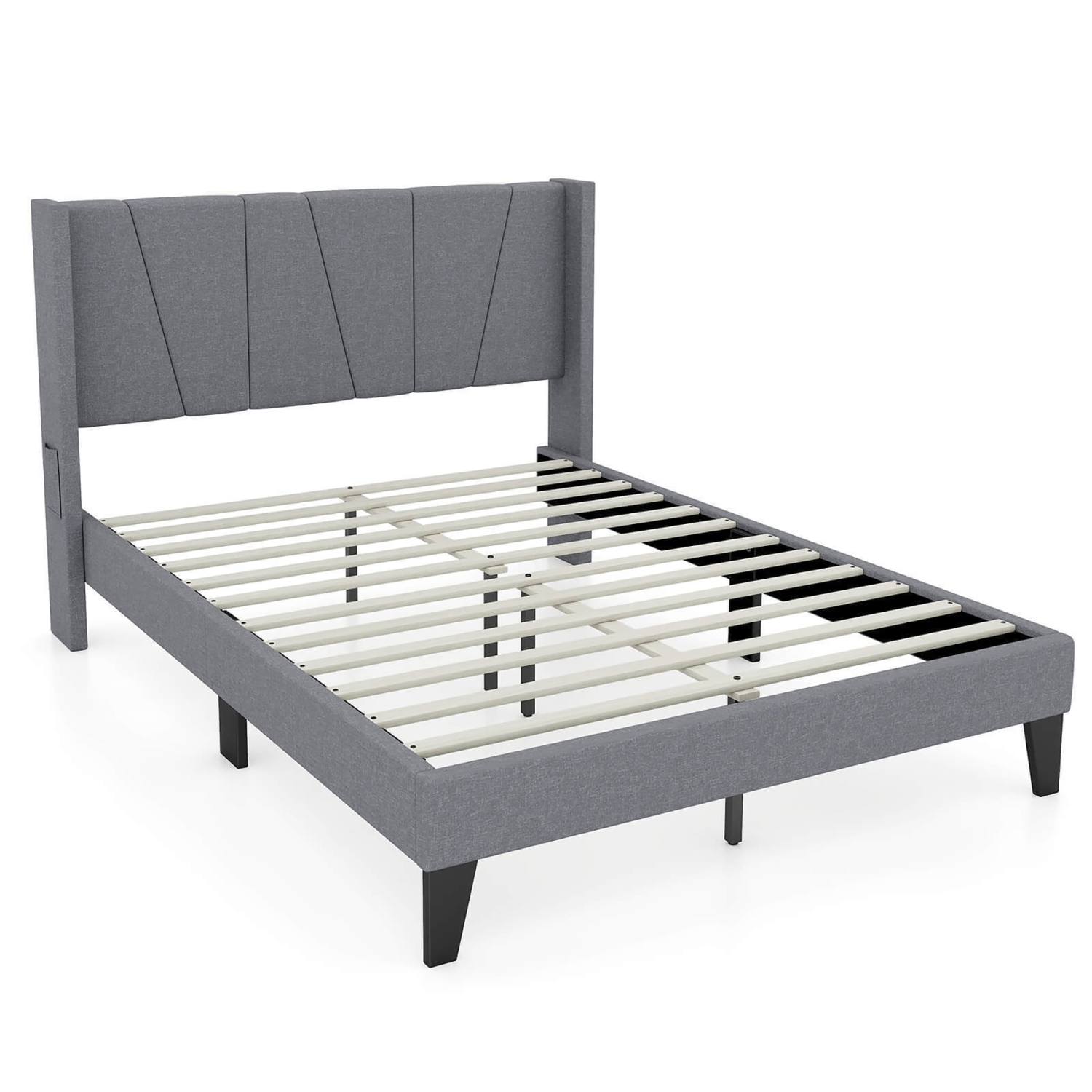 Gymax Full Size Upholstered Bed Frame w/ Elastic Pockets Mattress Foundation Gray