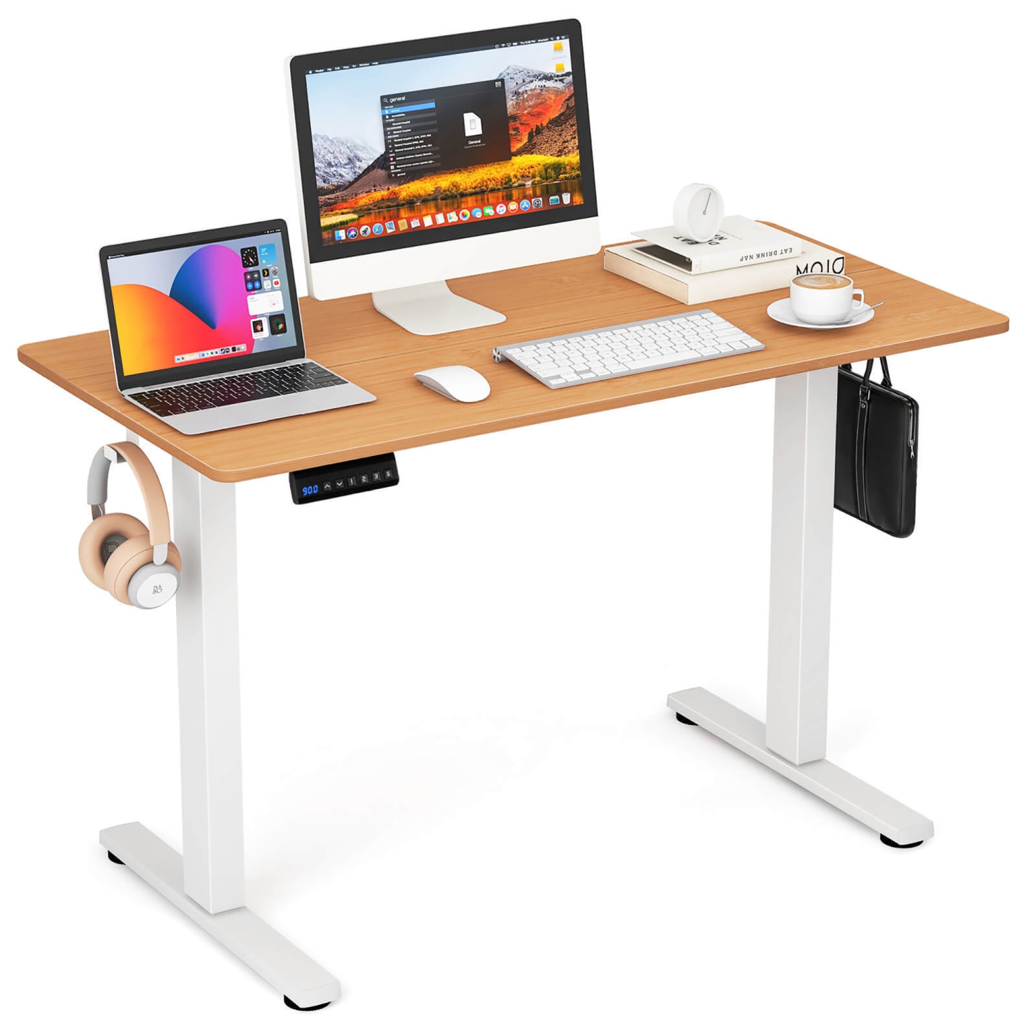 Gymax 48'' x 24'' Electric Standing Desk w/ 3 Memory Height Settings 2 Hanging Hooks Natural