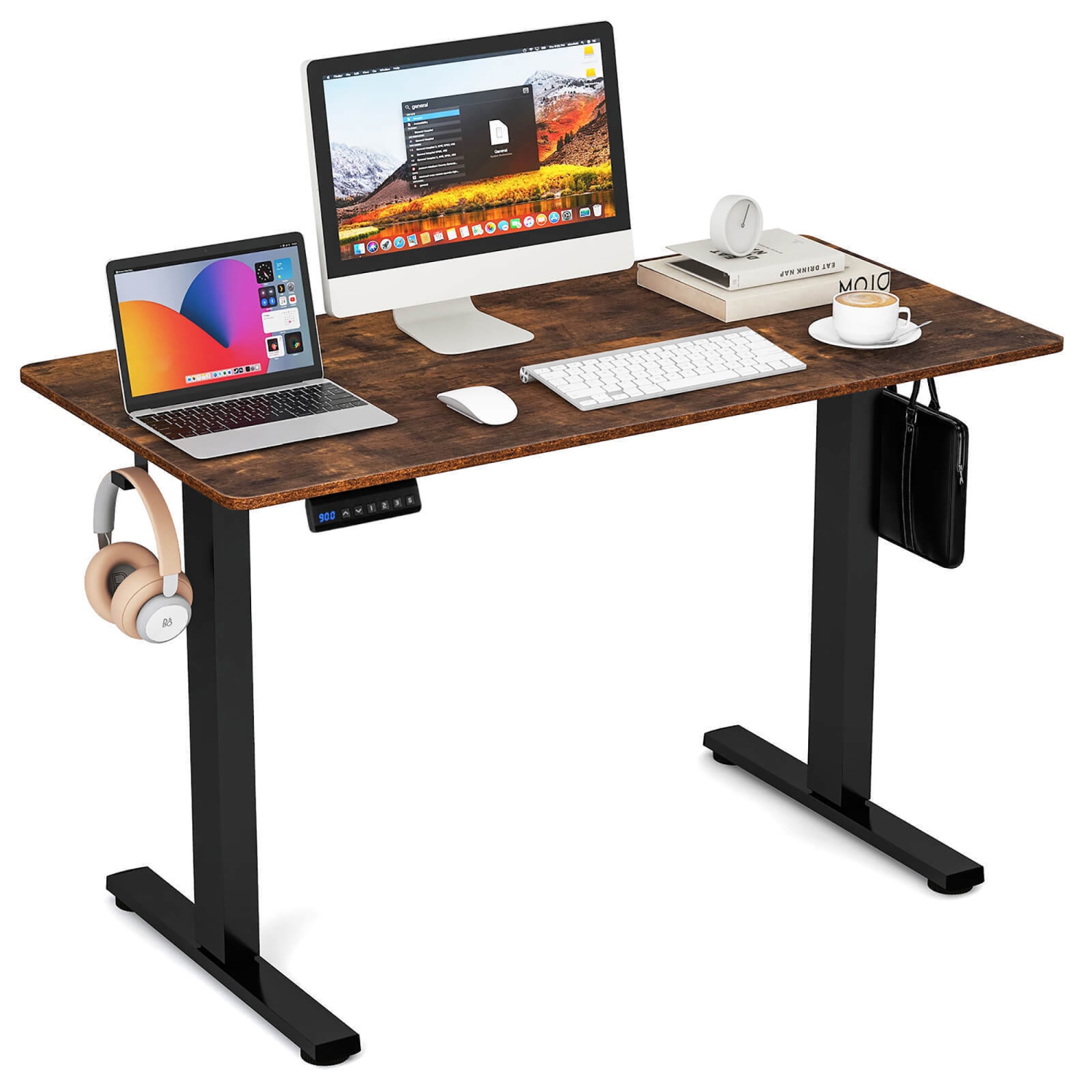 Gymax 48'' x 24'' Electric Standing Desk w/ 3 Memory Height Settings 2 Hanging Hooks Rustic Brown