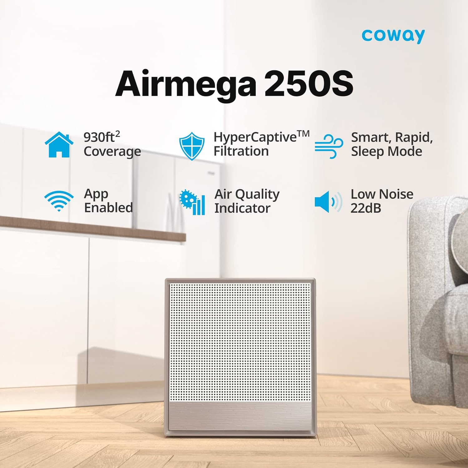 Coway Airmega 250S App-Enabled Smart Technology, Compatible With Amazon Alexa True HEPA Air Purifier, Covers 930 Sq.ft