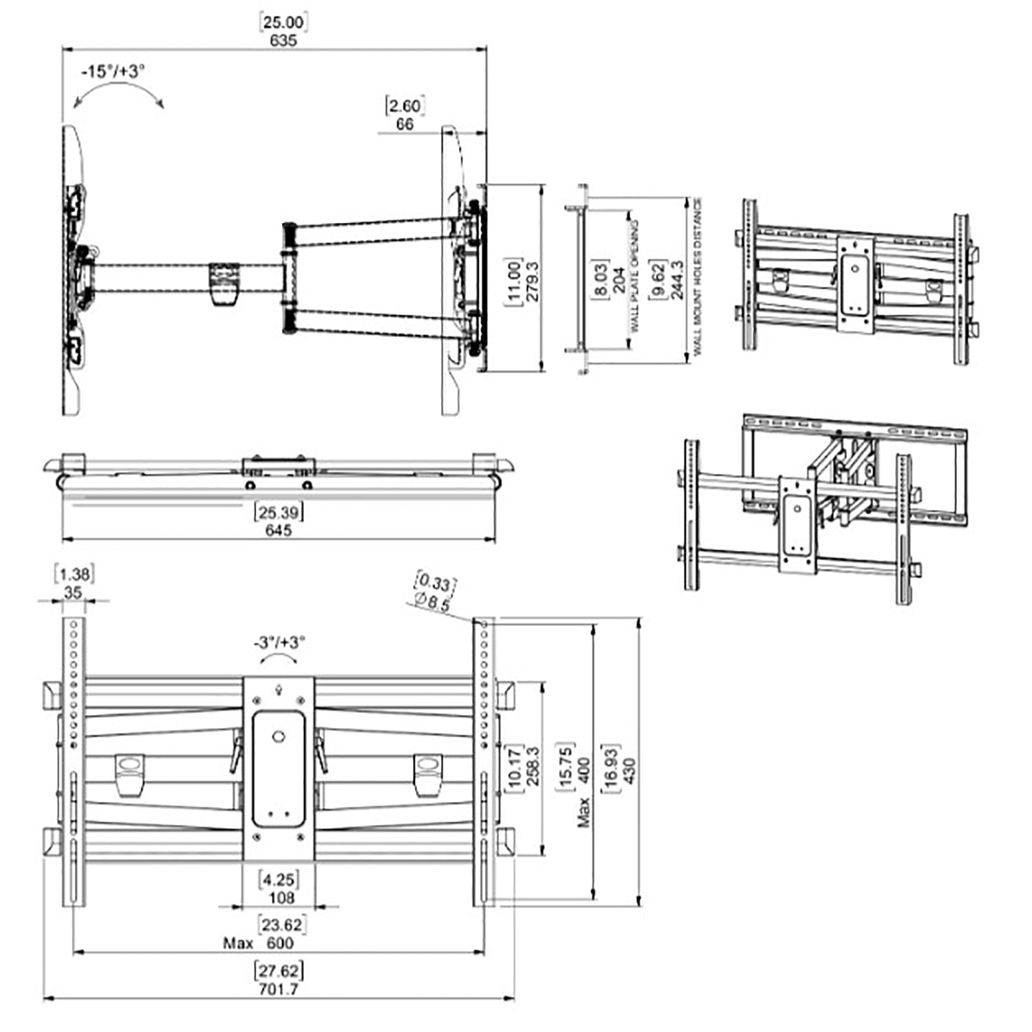 SyncMount - Double Stud 43"-90" Full Motion TV Wall Mount, VESA 600x400 UL