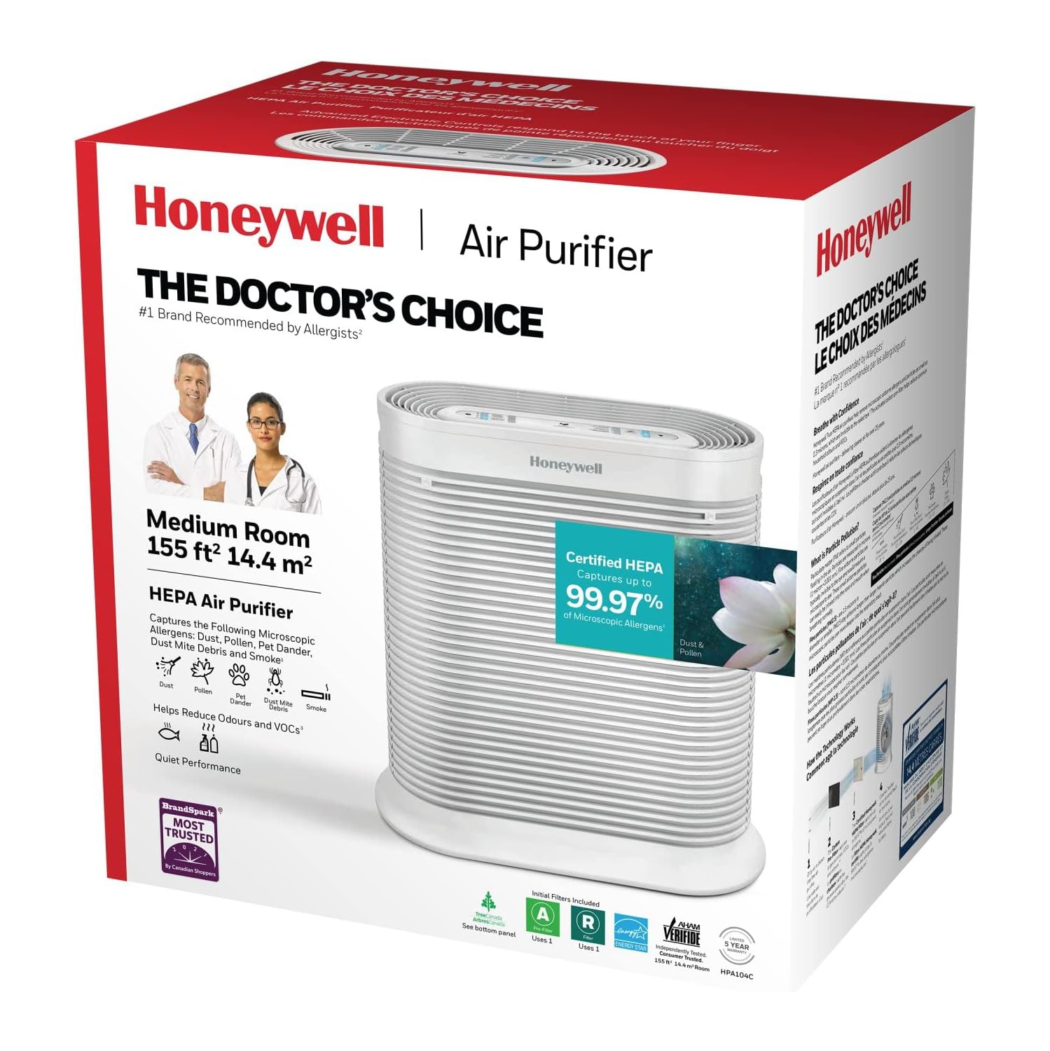 Honeywell HPA104C True HEPA Air Purifier Medium Room,Allergen Remover,Cleans Up To 750 Sq Ft in 1 Hour,Capture 99.97% of