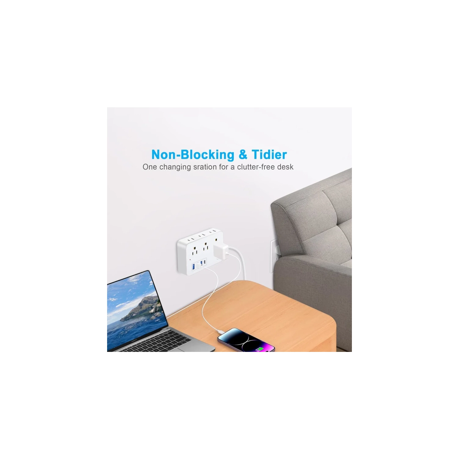 Rallonge de 15 pi, parasurtenseur, 6 prises, 4 ports USB, protection de 1700 joules, fiche plate, long cordon, pour bureau à domicile (blanc)