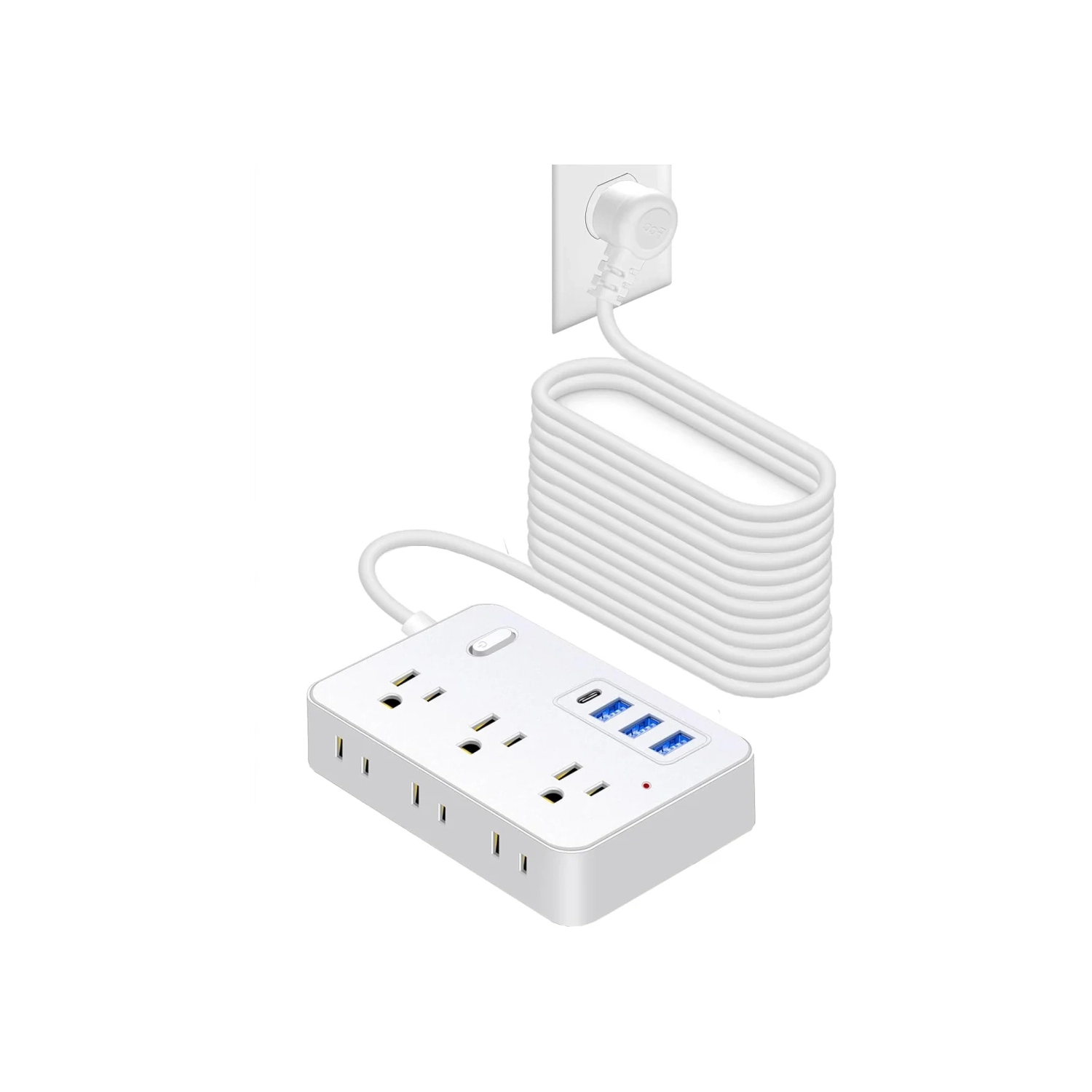 Rallonge de 15 pi, parasurtenseur, 6 prises, 4 ports USB, protection de 1700 joules, fiche plate, long cordon, pour bureau à domicile (blanc)