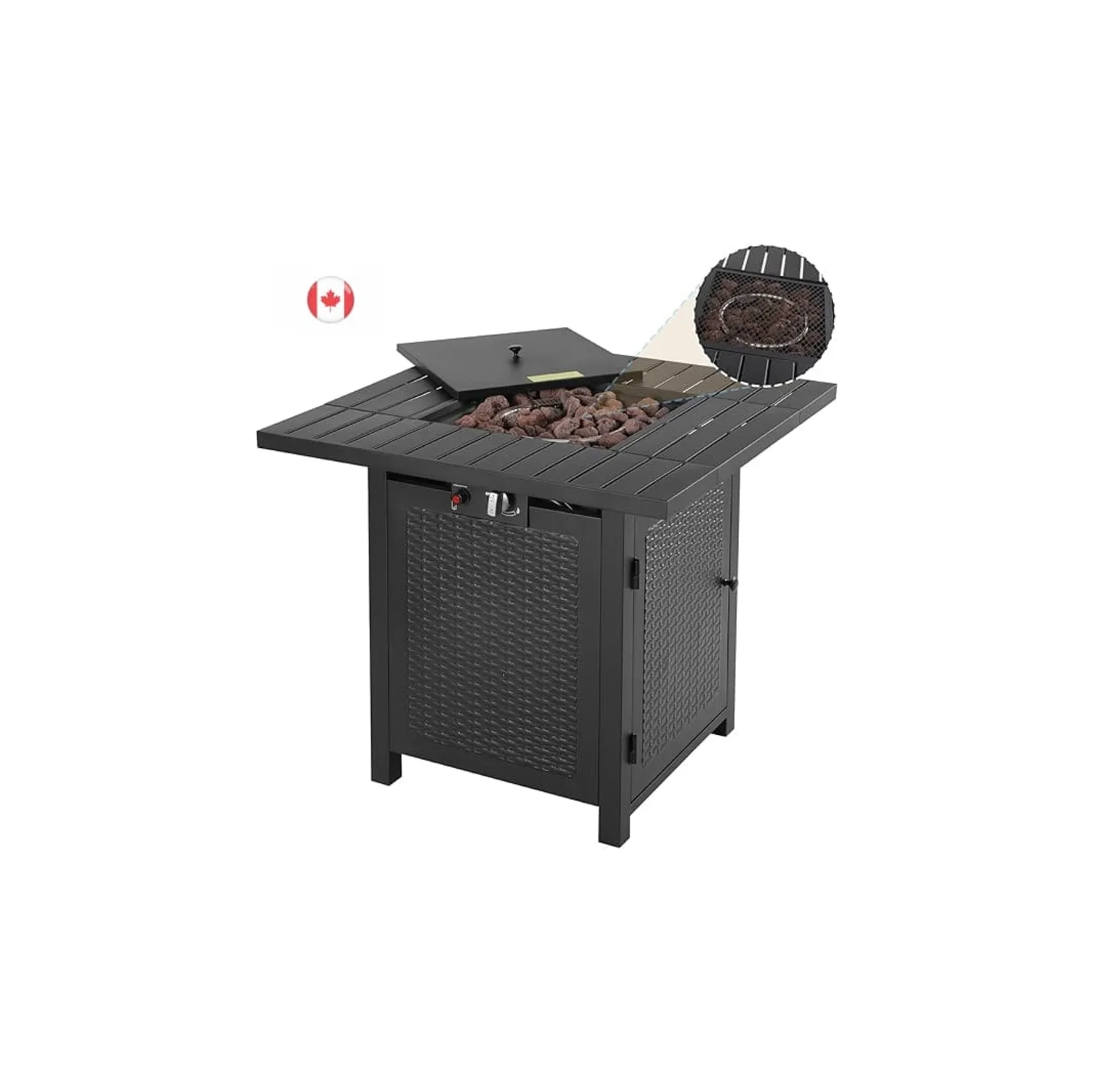 30 Inch Outdoor Propane Fire Pit Table - CSA Approved 50,000 BTU Auto-Ignition Gas Fireplace with Rattan-Look Steel Design and Lava Rock - Ideal for