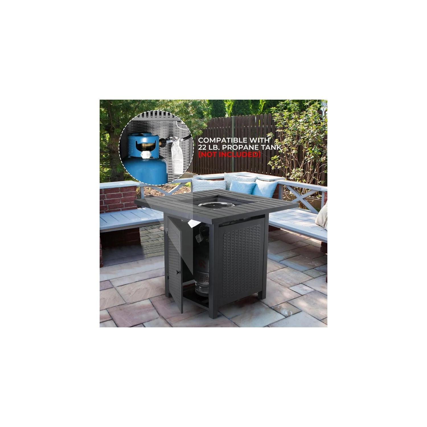 30 Inch Outdoor Propane Fire Pit Table - CSA Approved 50,000 BTU Auto-Ignition Gas Fireplace with Rattan-Look Steel Design and Lava Rock - Ideal for