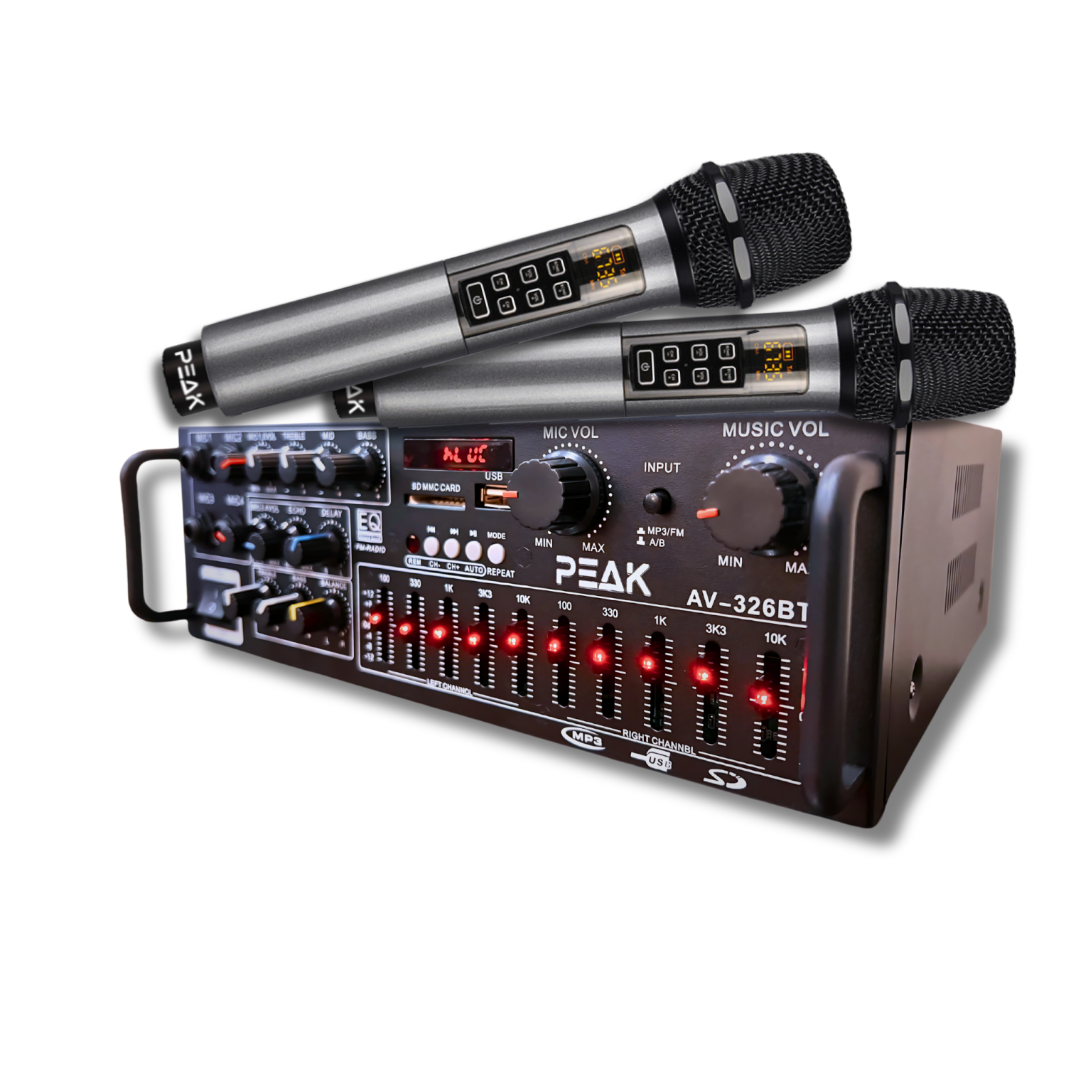 PEAK Karaoke Professional Bluetooth System (ECHO, EQ & 1200W): Bluetooth Amplifier PK-AMP-002, Two UHF Rechargeable Wireless Microphone with Echo & Volume Control PK-MIC-002