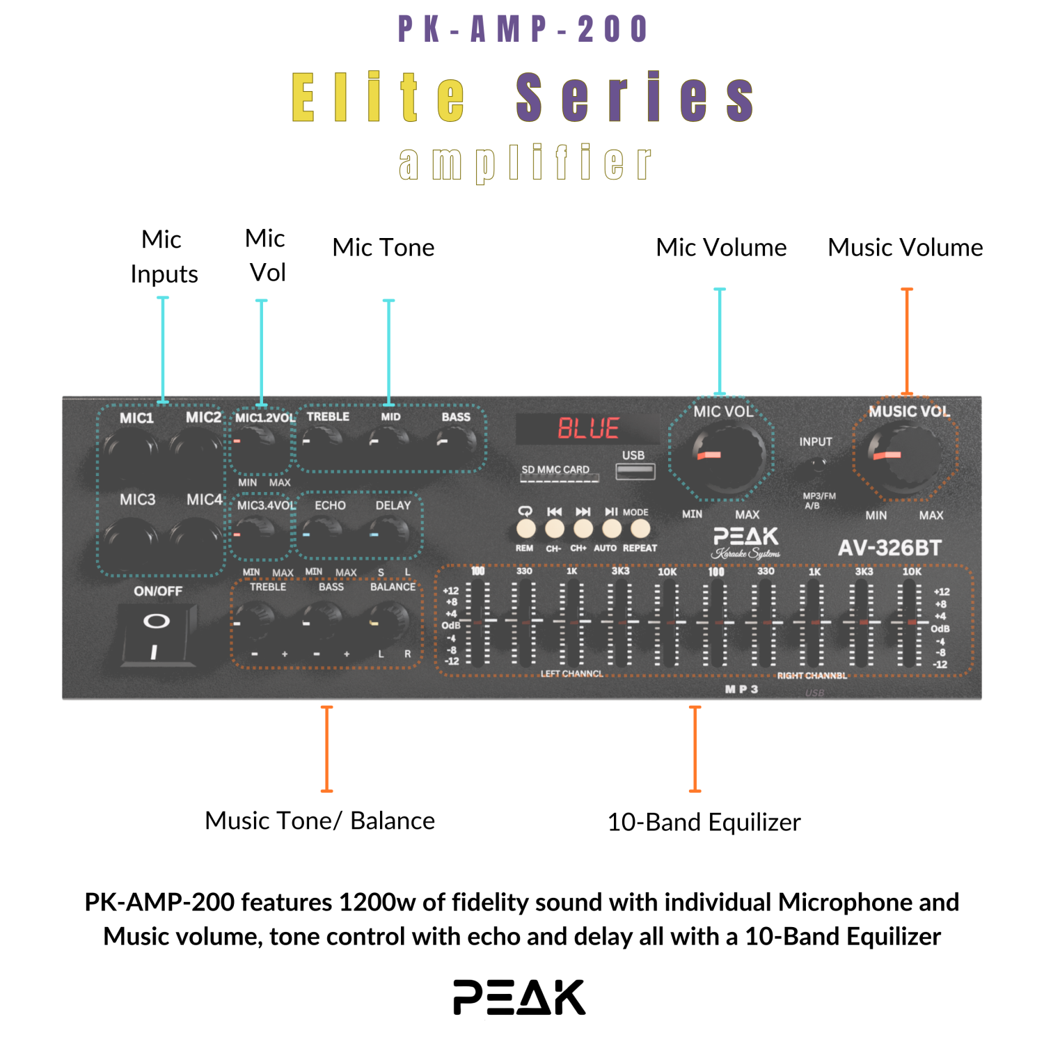 PEAK Karaoke Professional Bluetooth System: Bluetooth Amplifier PK-AMP-200, Two UHF Rechargeable PRO Wireless Microphone with Echo & Volume Control