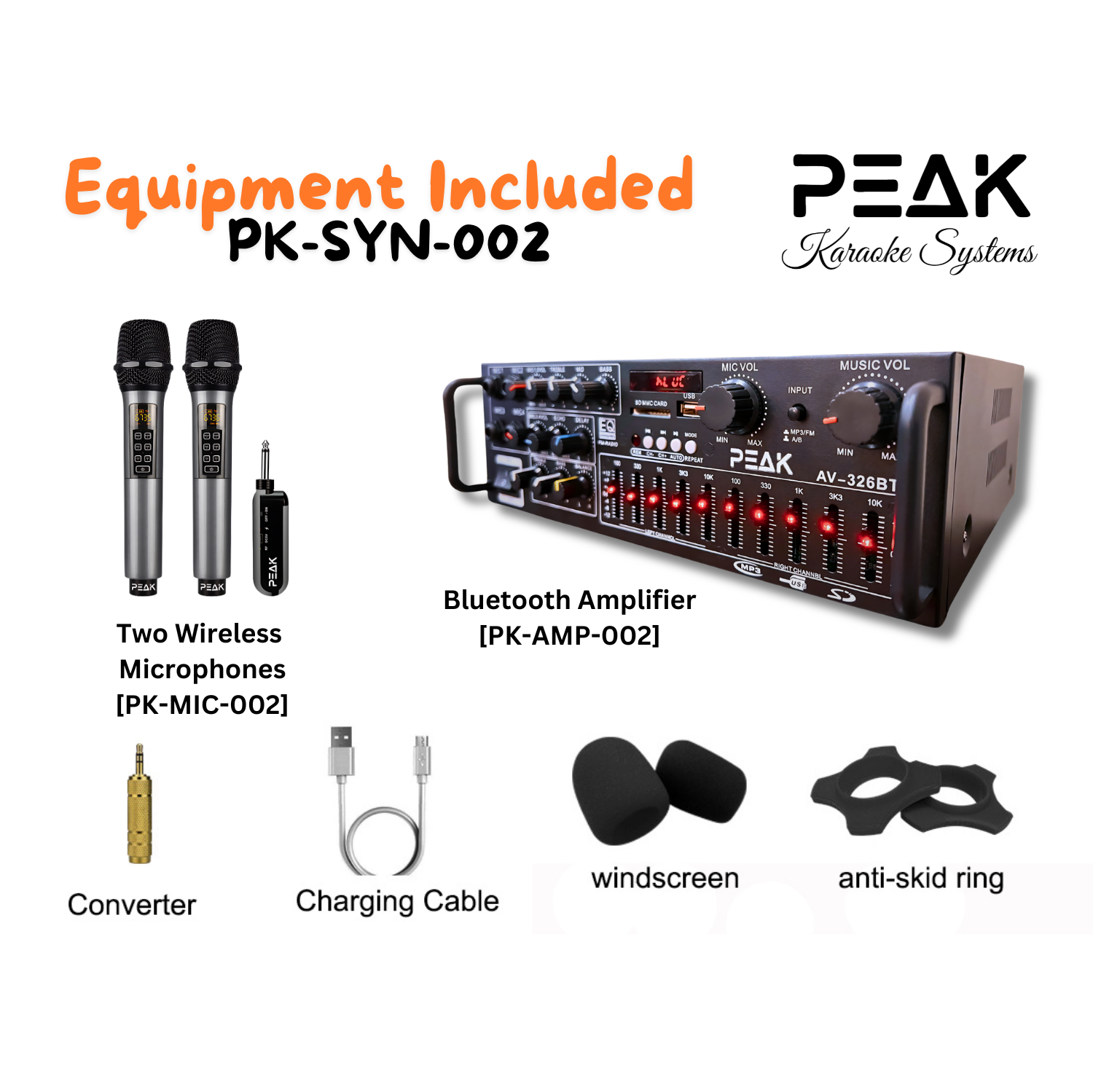 PEAK Karaoke Professional Bluetooth System: Bluetooth Amplifier PK-AMP-200, Two UHF Rechargeable PRO Wireless Microphone with Echo & Volume Control
