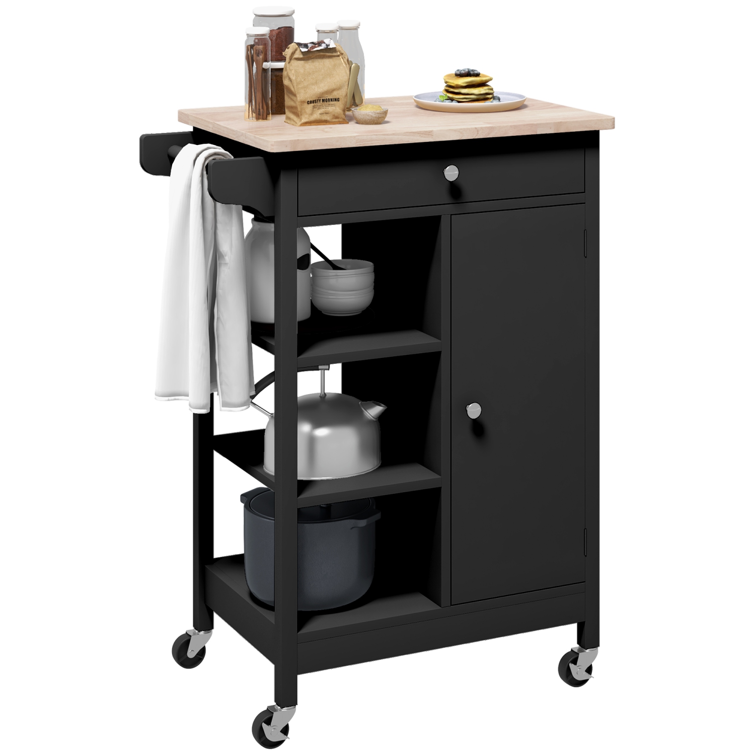 Chariot de cuisine roulant avec rangement, chariot à café sur roulettes en bois, petit îlot de cuisine avec armoire, tiroir, 3 tablettes ouvertes et