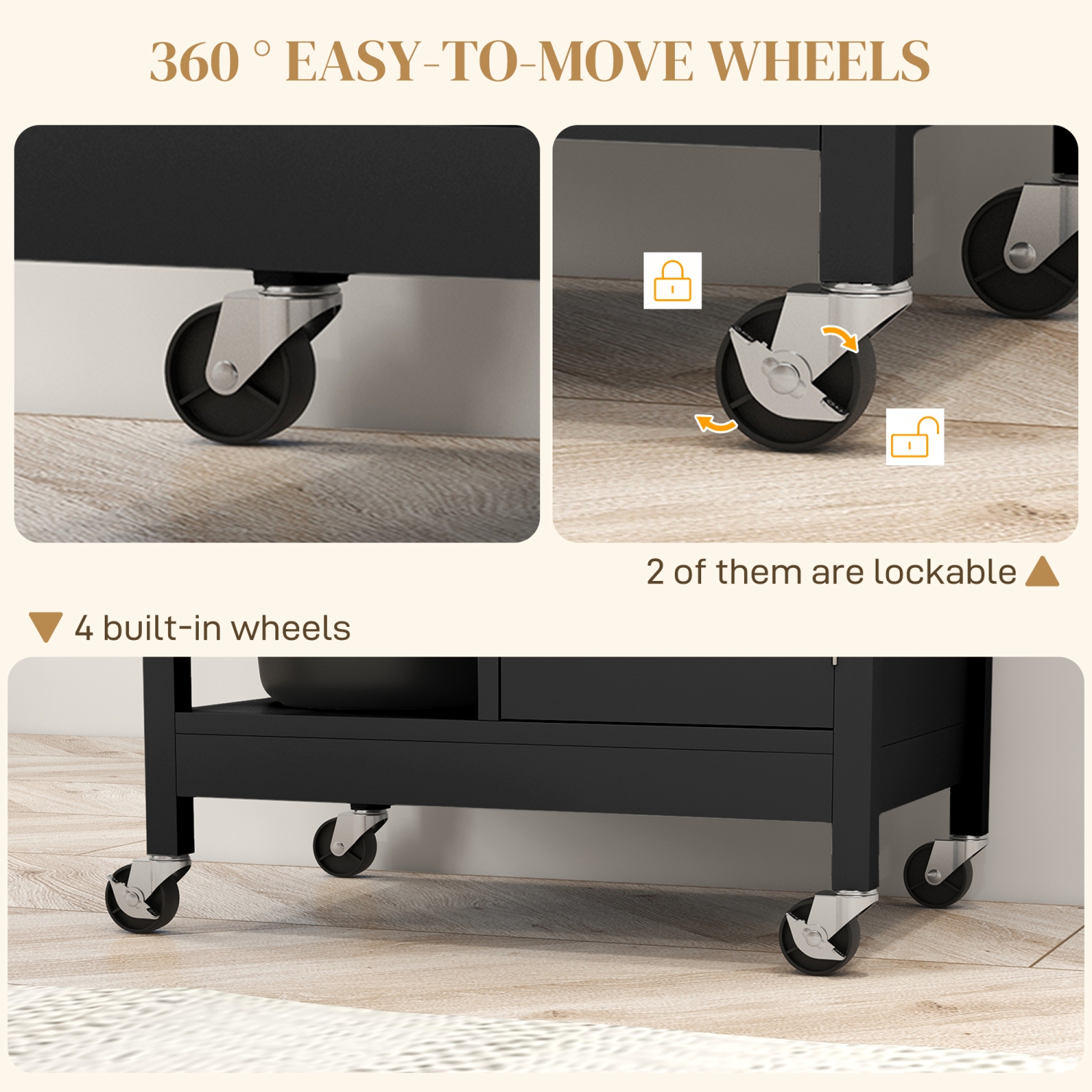 Chariot de cuisine roulant avec rangement, chariot à café sur roulettes en bois, petit îlot de cuisine avec armoire, tiroir, 3 tablettes ouvertes et