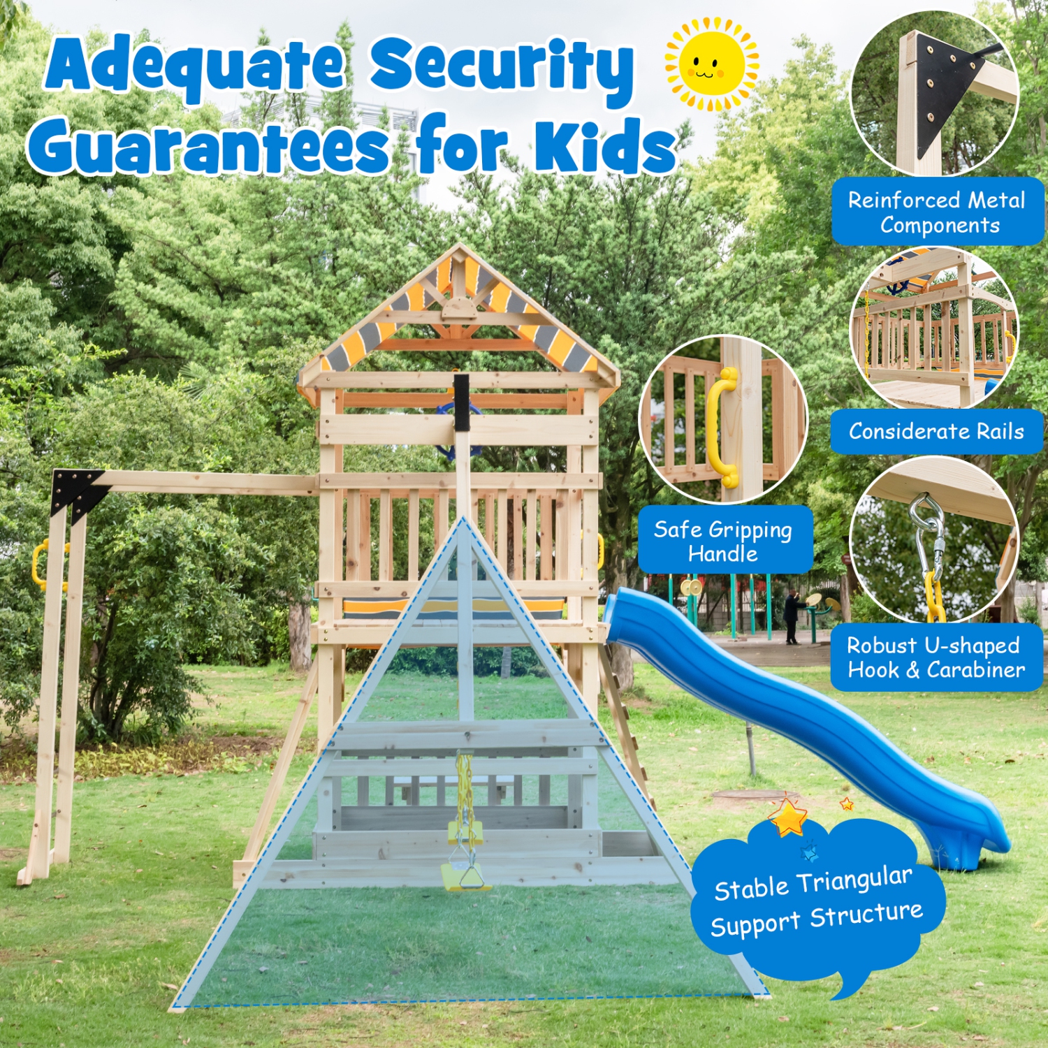 Costway Backyard Wooden Swing Set Slide Playset for Kids Outdoor Climbing Wall Sandpit