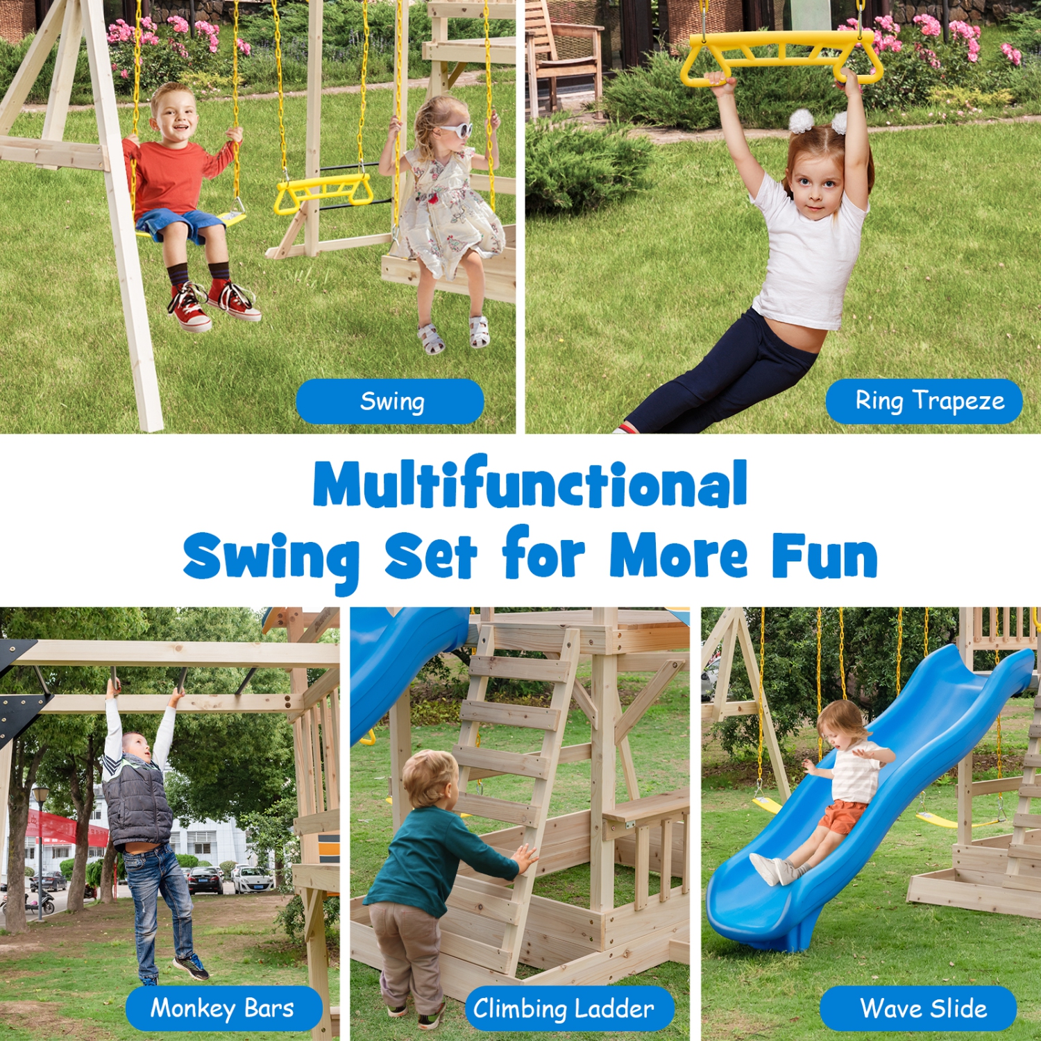 Costway Backyard Wooden Swing Set Slide Playset for Kids Outdoor Climbing Wall Sandpit