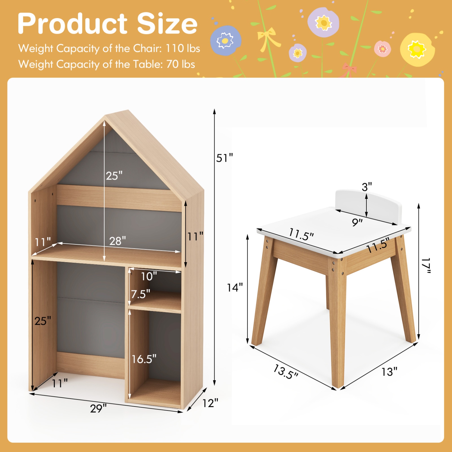 Costway Kids House-Shaped Table & Chair Set Wooden Toy Organizer Cabinet with Blackboard Grey/White