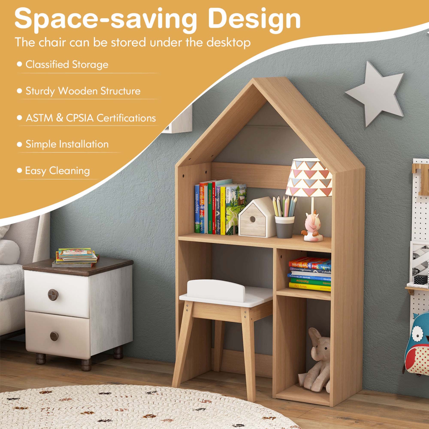 Costway Kids House-Shaped Table & Chair Set Wooden Toy Organizer Cabinet with Blackboard Grey/White