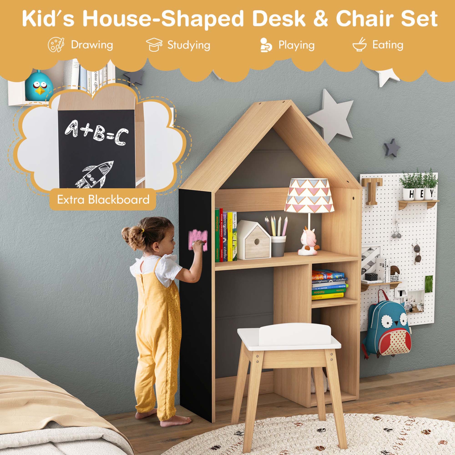Costway Kids House-Shaped Table & Chair Set Wooden Toy Organizer Cabinet with Blackboard Grey/White