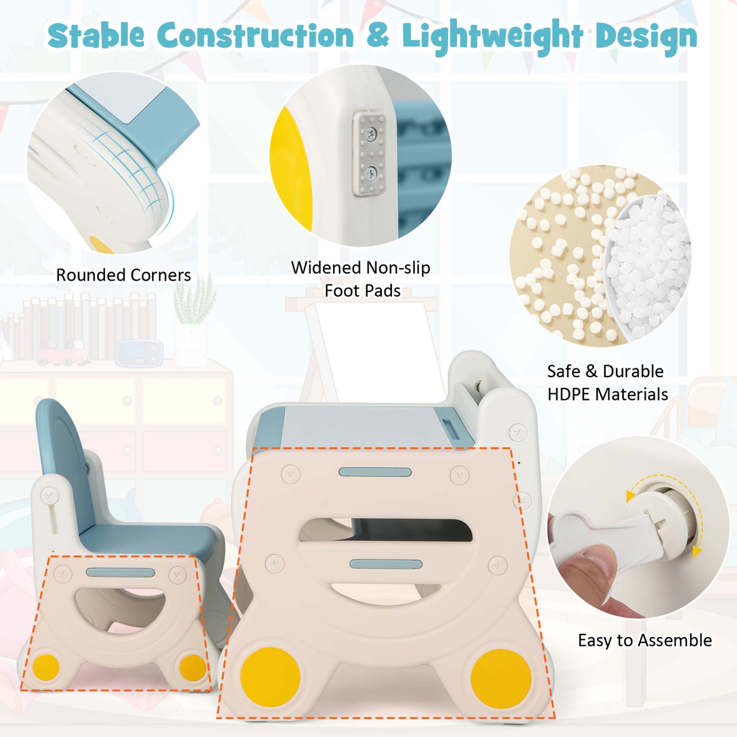 Costway Kids Drawing Table & Chair Set for Reading Playing with Pens & Blackboard Eraser Blue/Brown