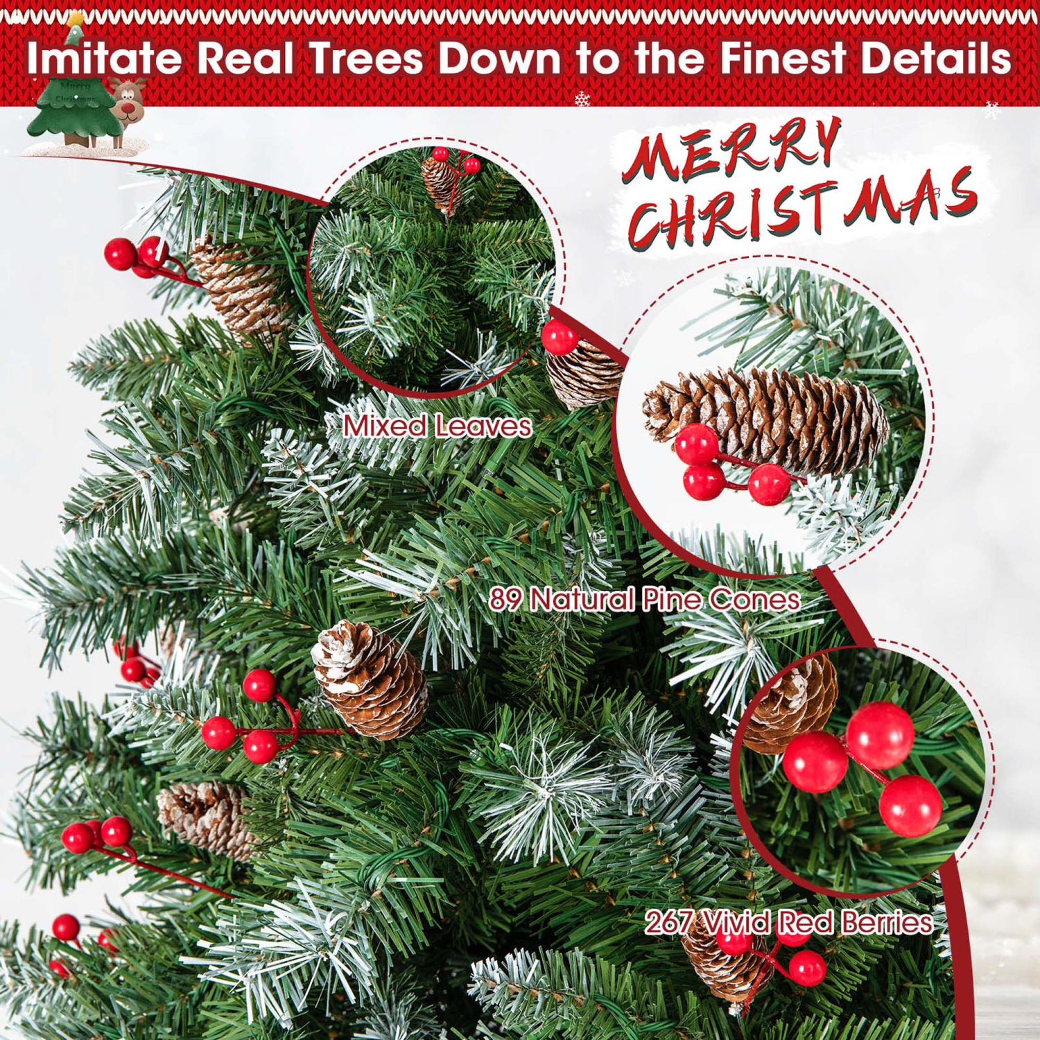 Costway – Arbre de Noël artificiel de 7,5 pi avec 560 lumières à DEL chaudes et 267 baies rouges