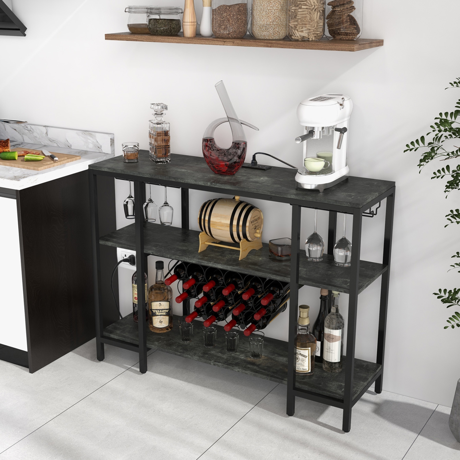 Costway Wine Cabinet Bar Table Wine Rack Table for Drinks Glasses with Power Outlets