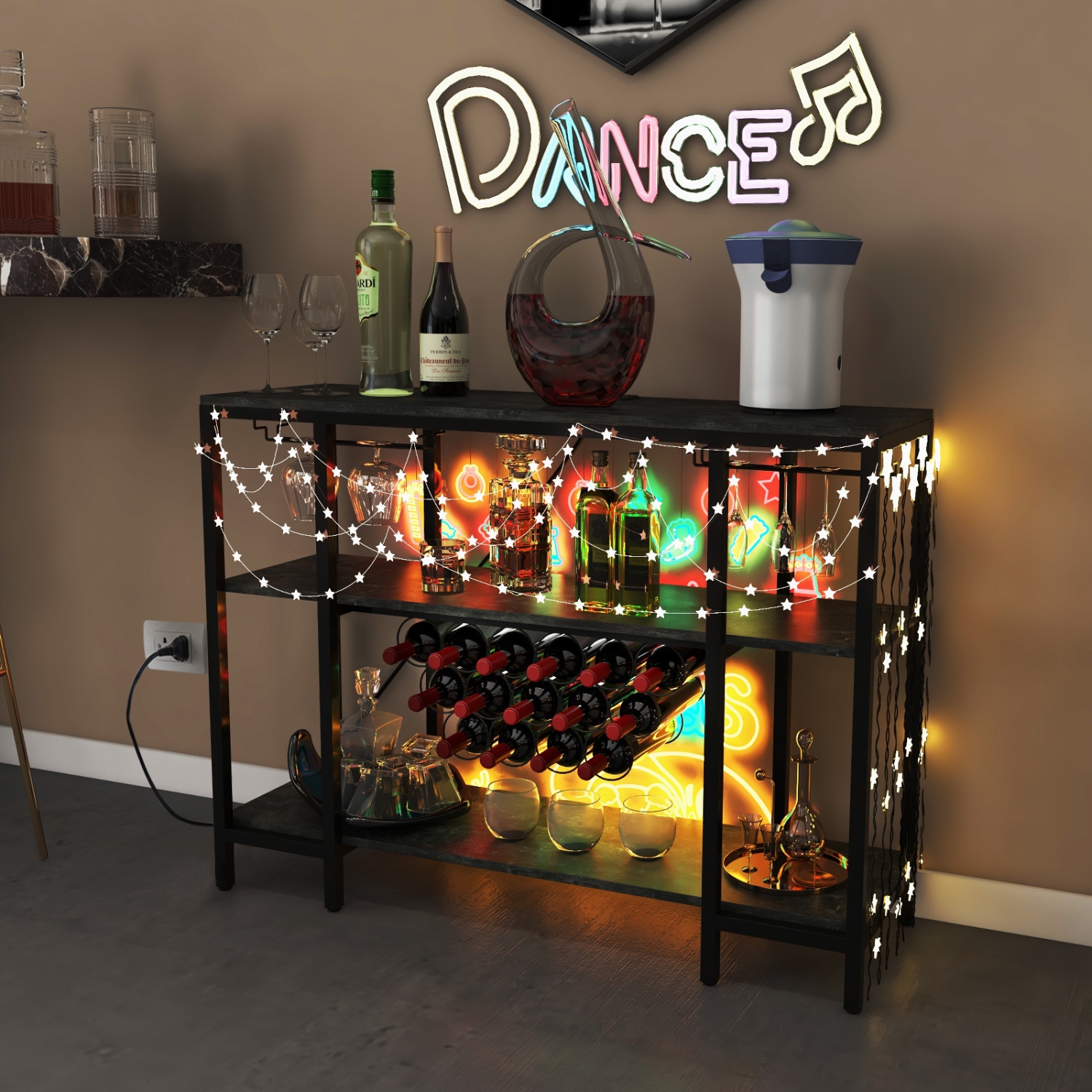 Costway Wine Cabinet Bar Table Wine Rack Table for Drinks Glasses with Power Outlets