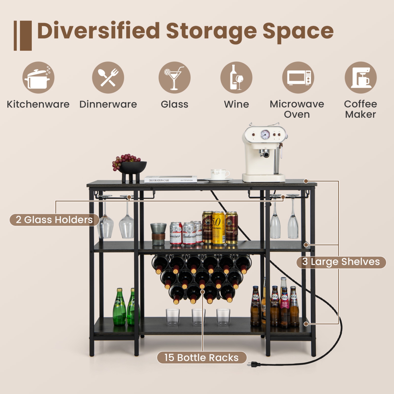 Costway Wine Cabinet Bar Table Wine Rack Table for Drinks Glasses with Power Outlets