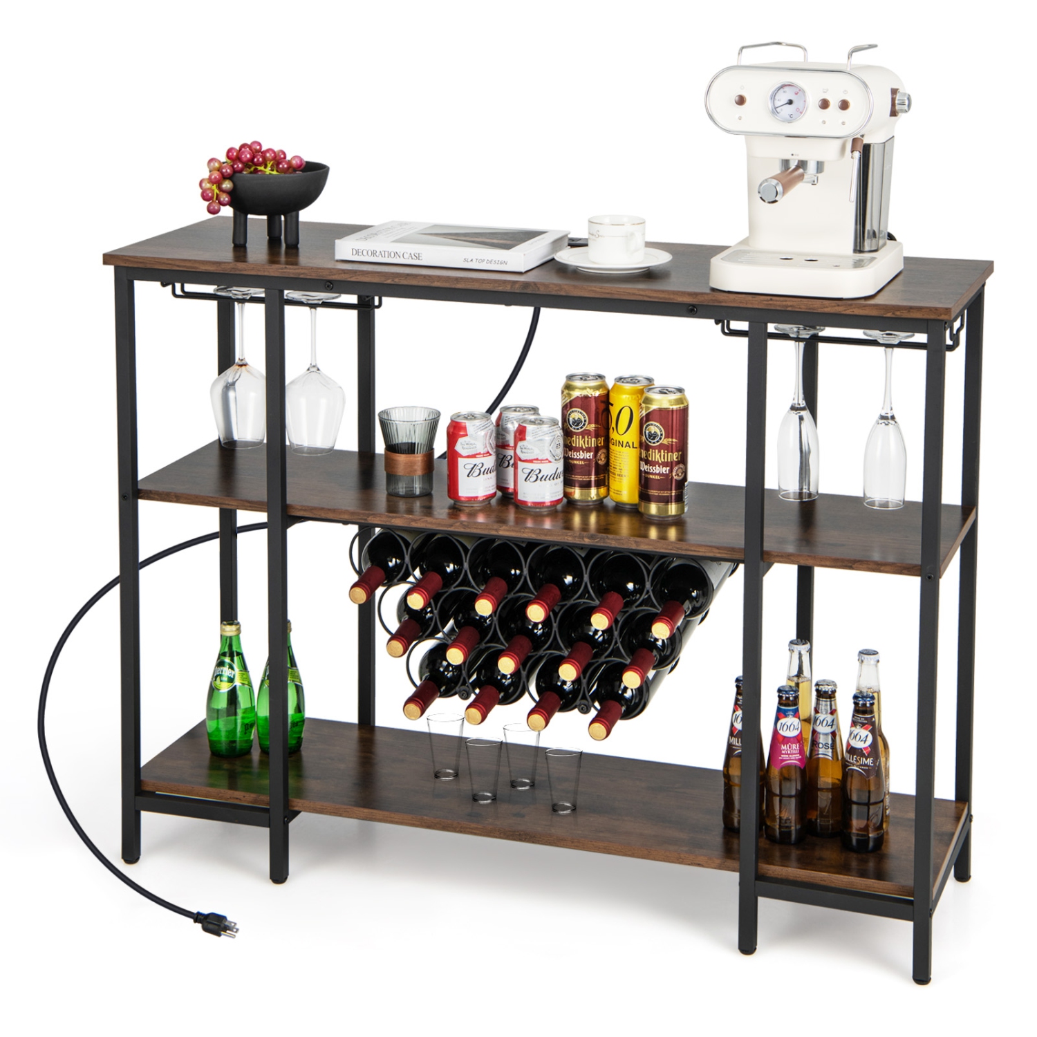 Costway Wine Cabinet Bar Table Wine Rack Table for Drinks Glasses with Power Outlets