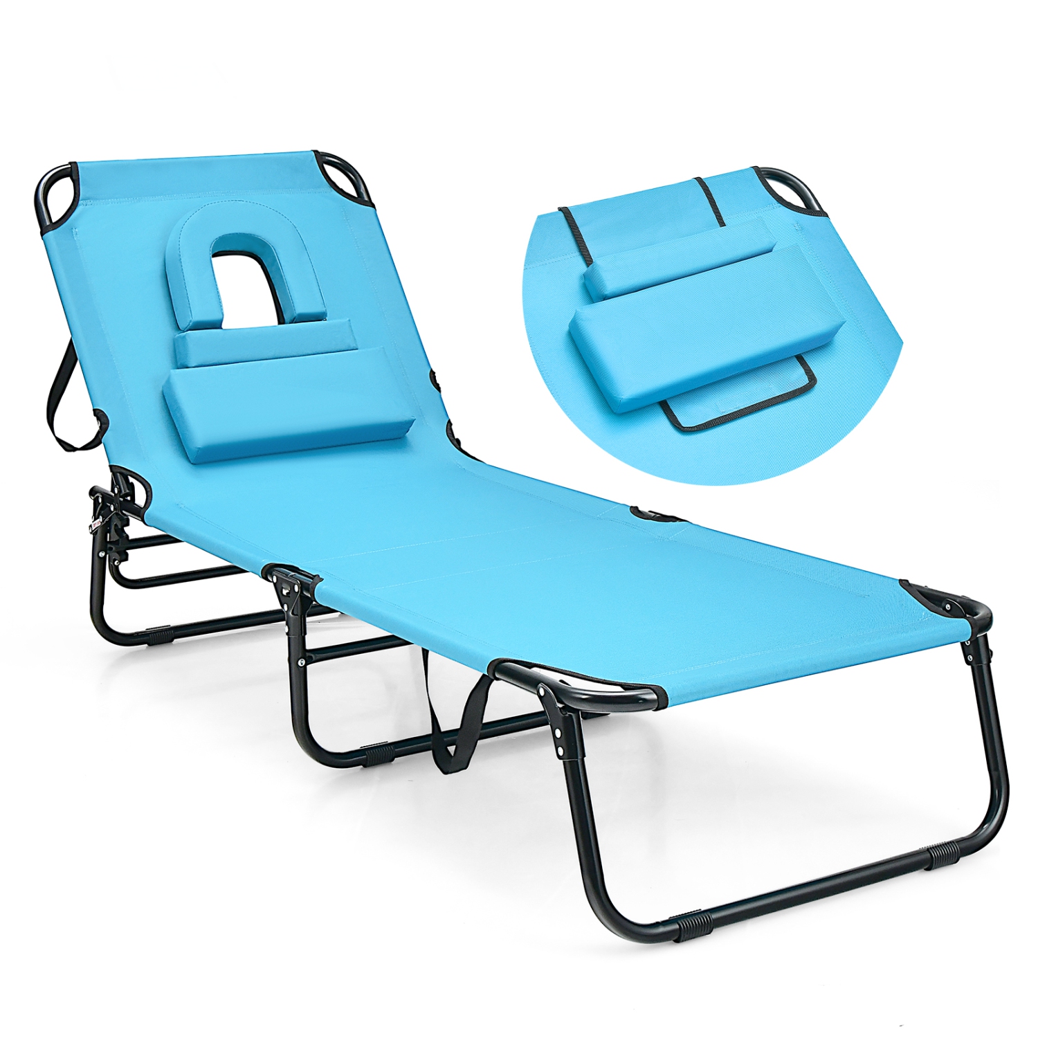 Costway 2 PCS Beach Chaise Lounge Chair with Face Hole Pillows & Adjustable Backrest