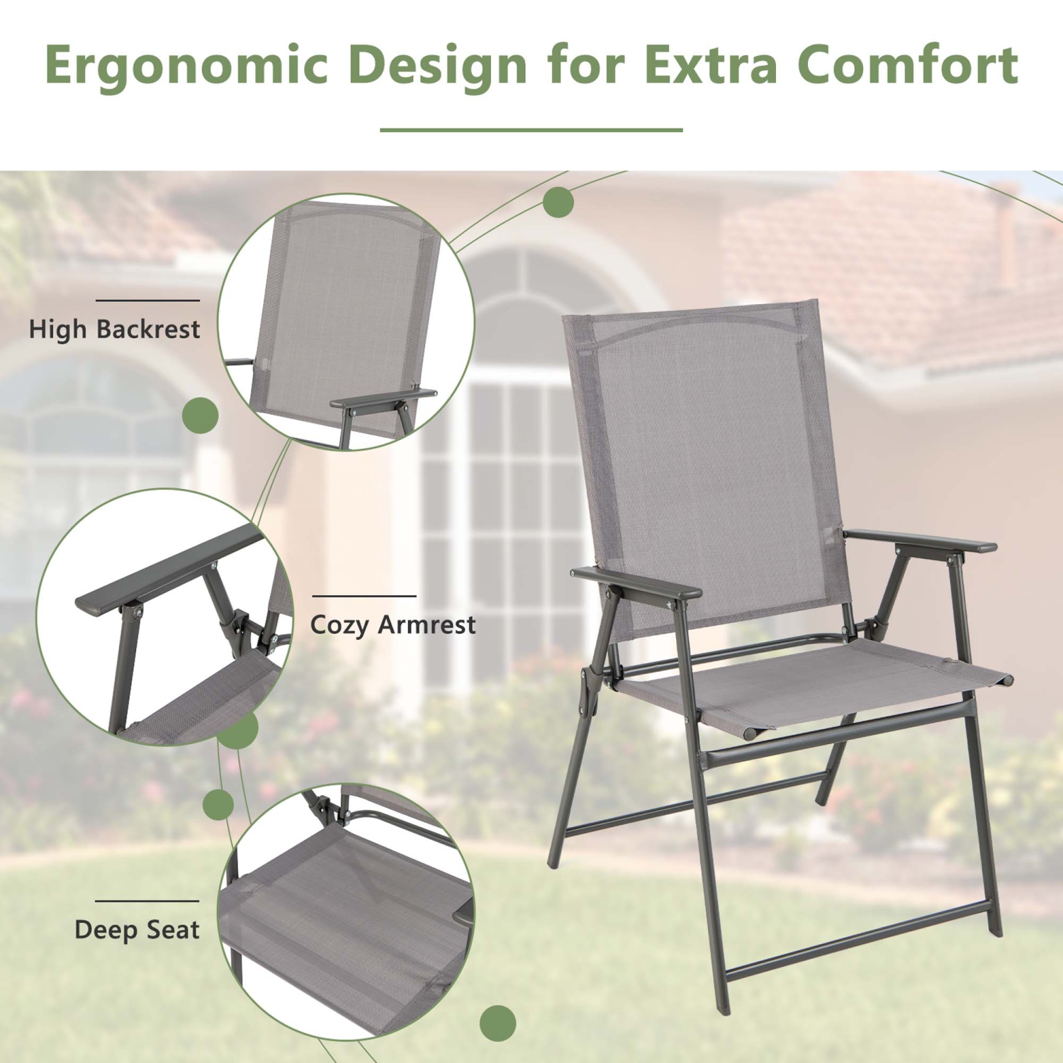 Costway 2pcs Patio Folding Portable Dining Chairs Metal Frame Armrests Garden Outdoor
