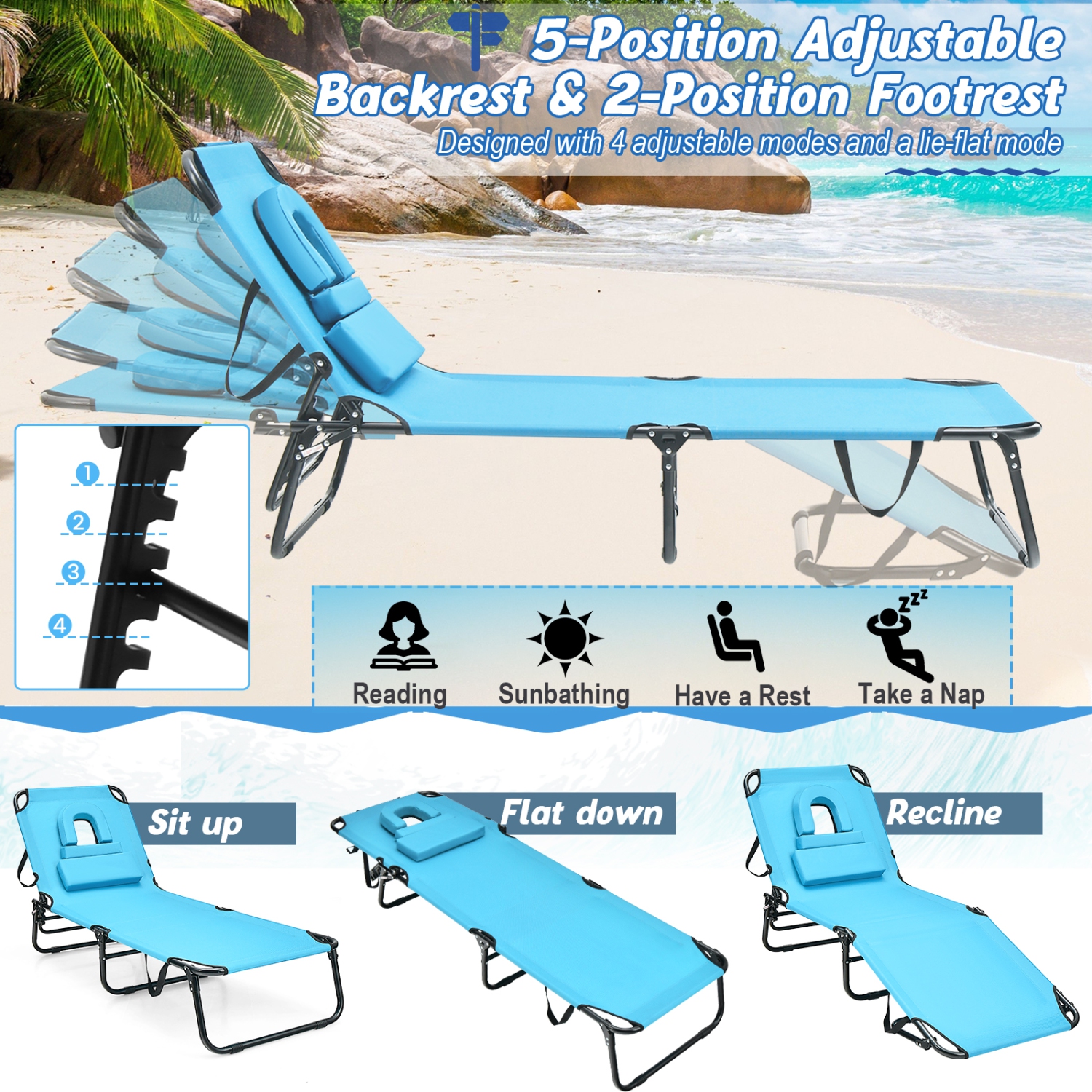 Chaise longue de Costway Beach avec coussins pour face et dossier réglable à 5 positions