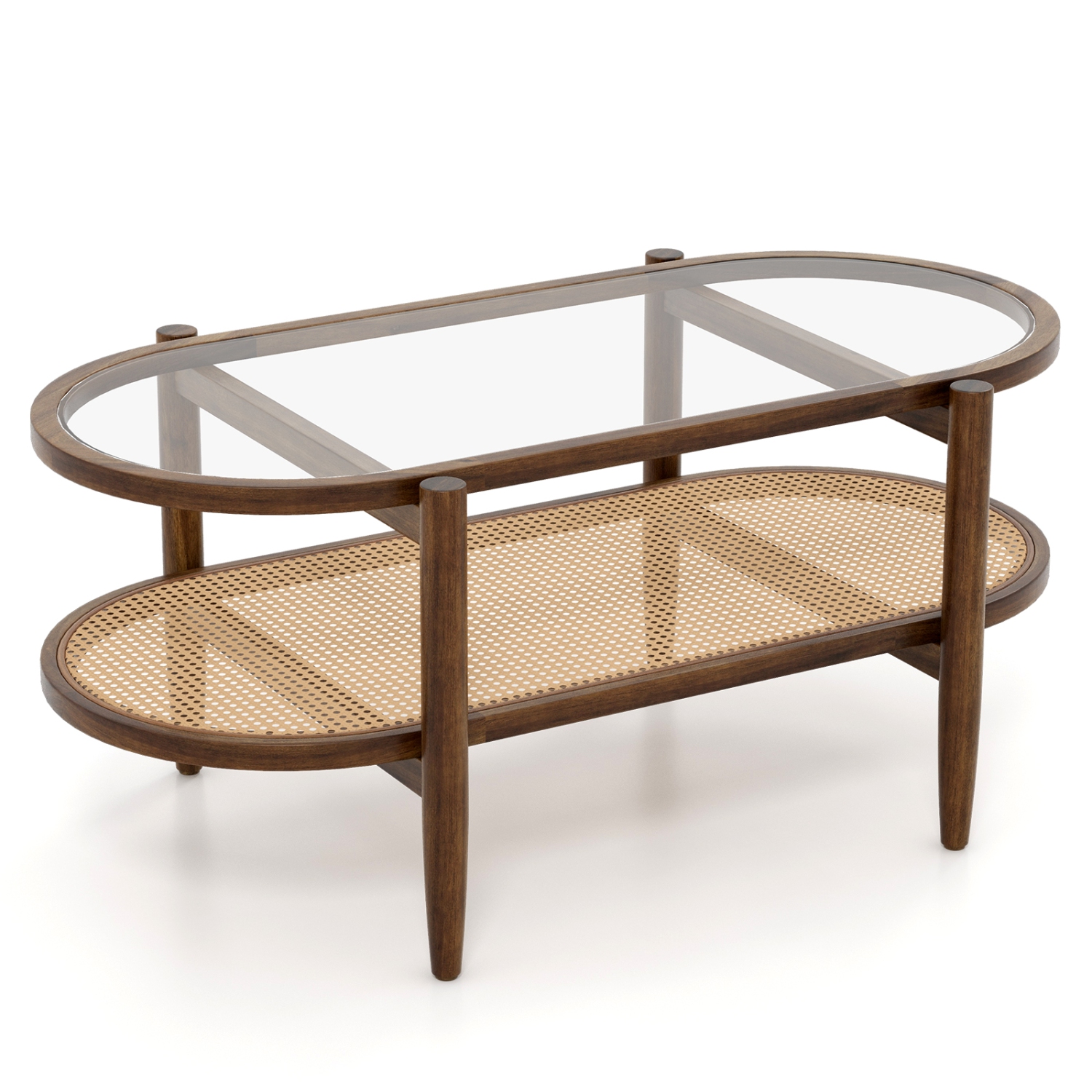 Costway 2-Tier Coffee Table Tempered Glass Top with PE Rattan Shelf & Acacia Wood Frame