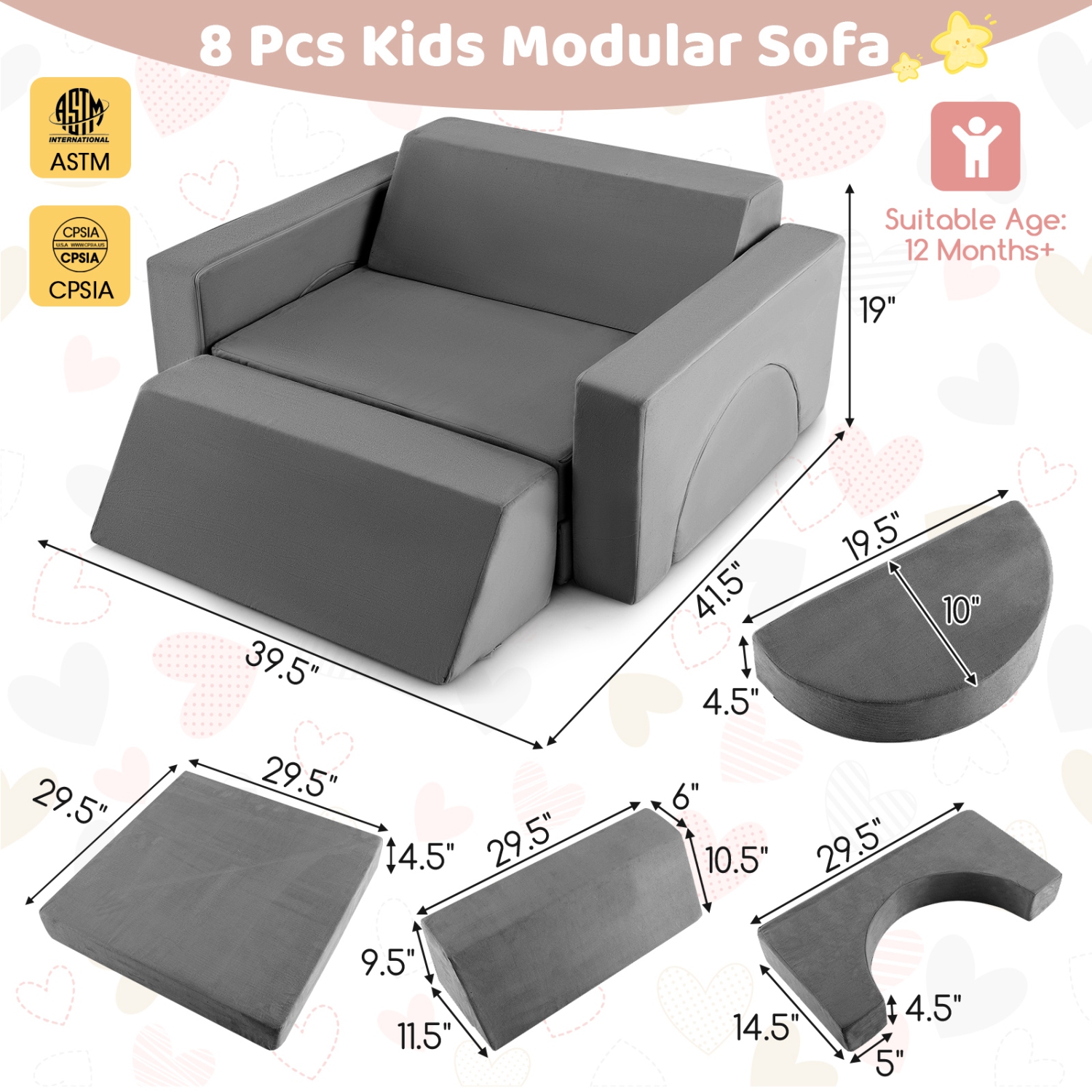 Costway Kids Modular Play Sofa 8 PCS with Detachable Cover for Playroom & Bedroom Indoor