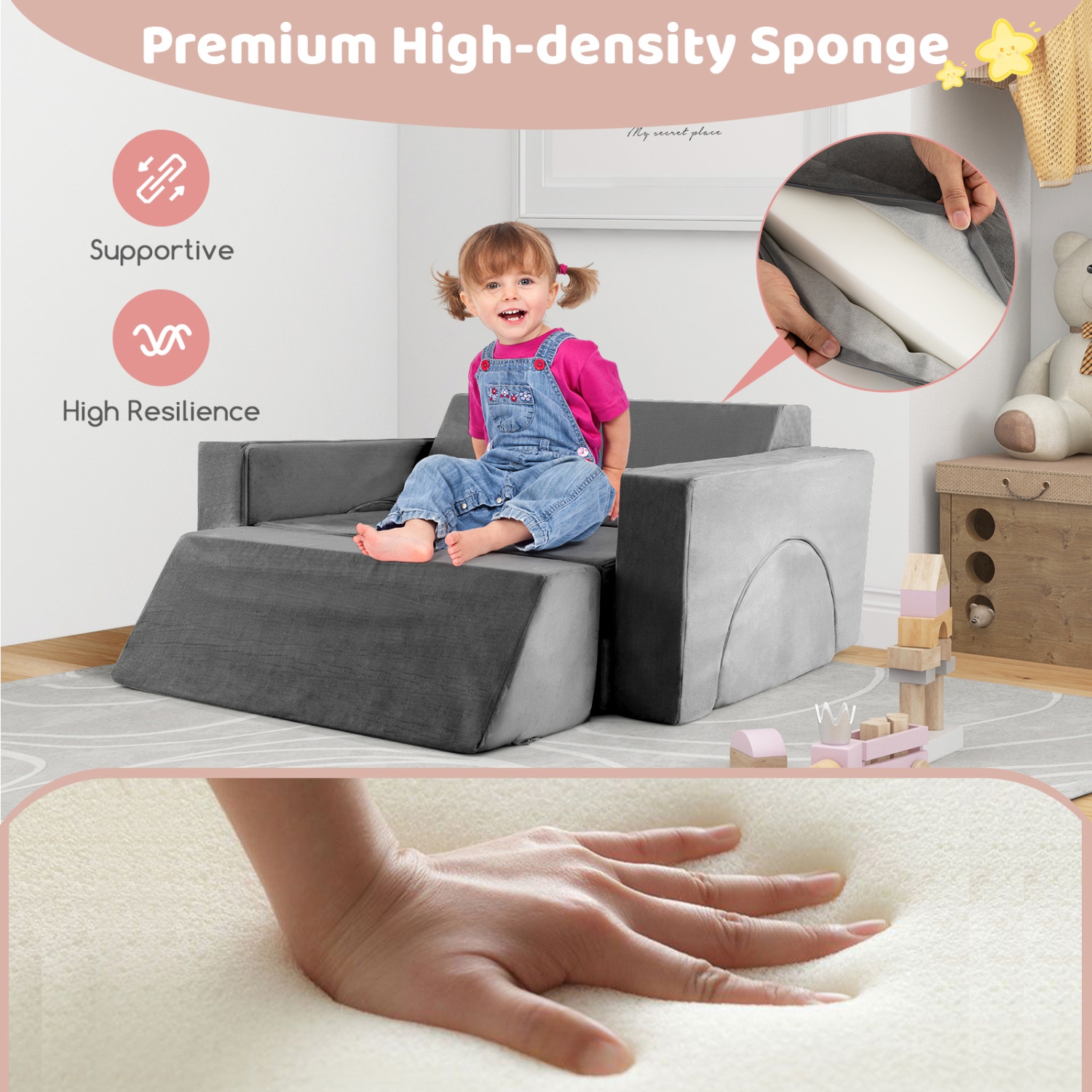 Costway Kids Modular Play Sofa 8 PCS with Detachable Cover for Playroom & Bedroom Indoor