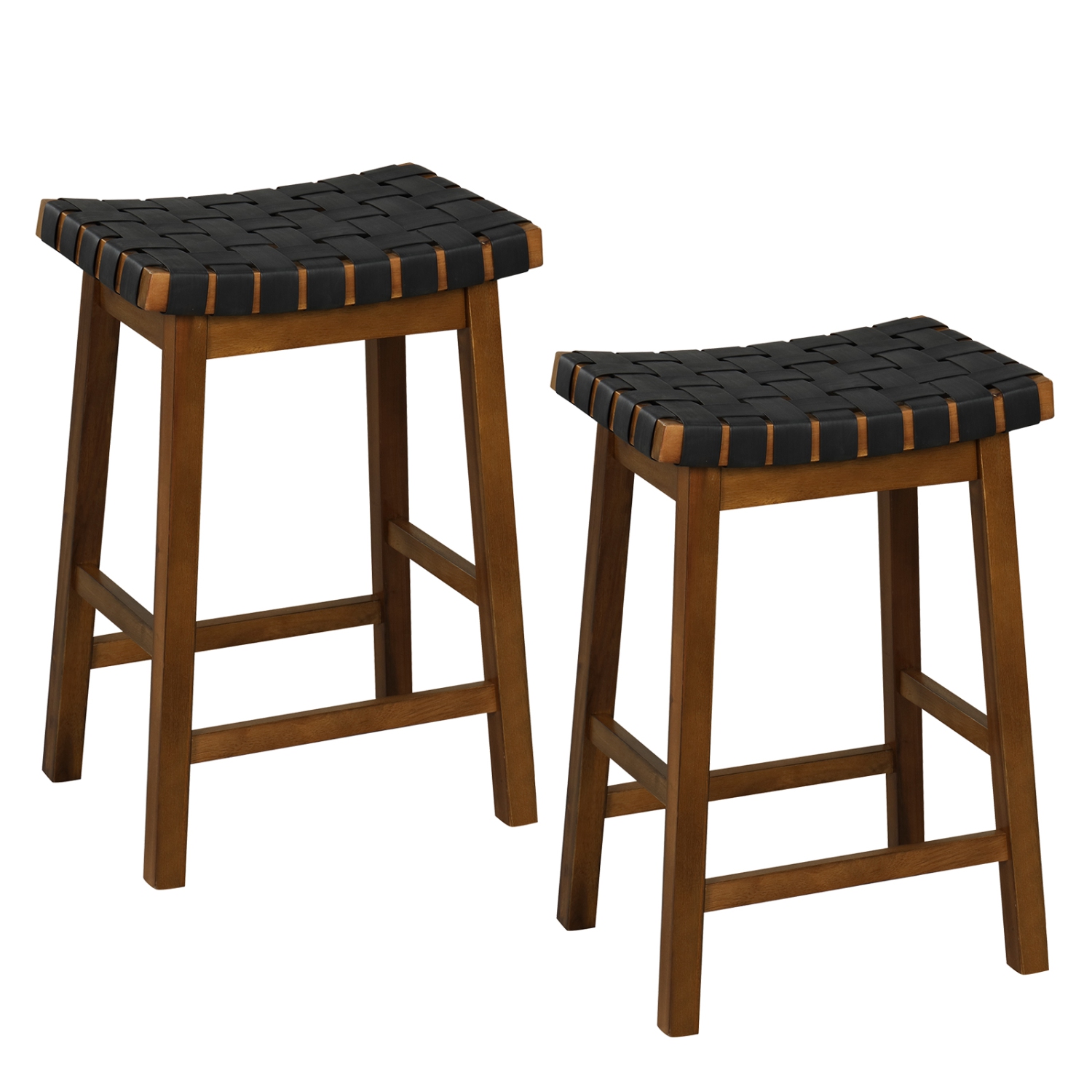 Costway Woven Saddle Stools Set of 2 25.5" Faux PU Leather Counter Height Kitchen Stool