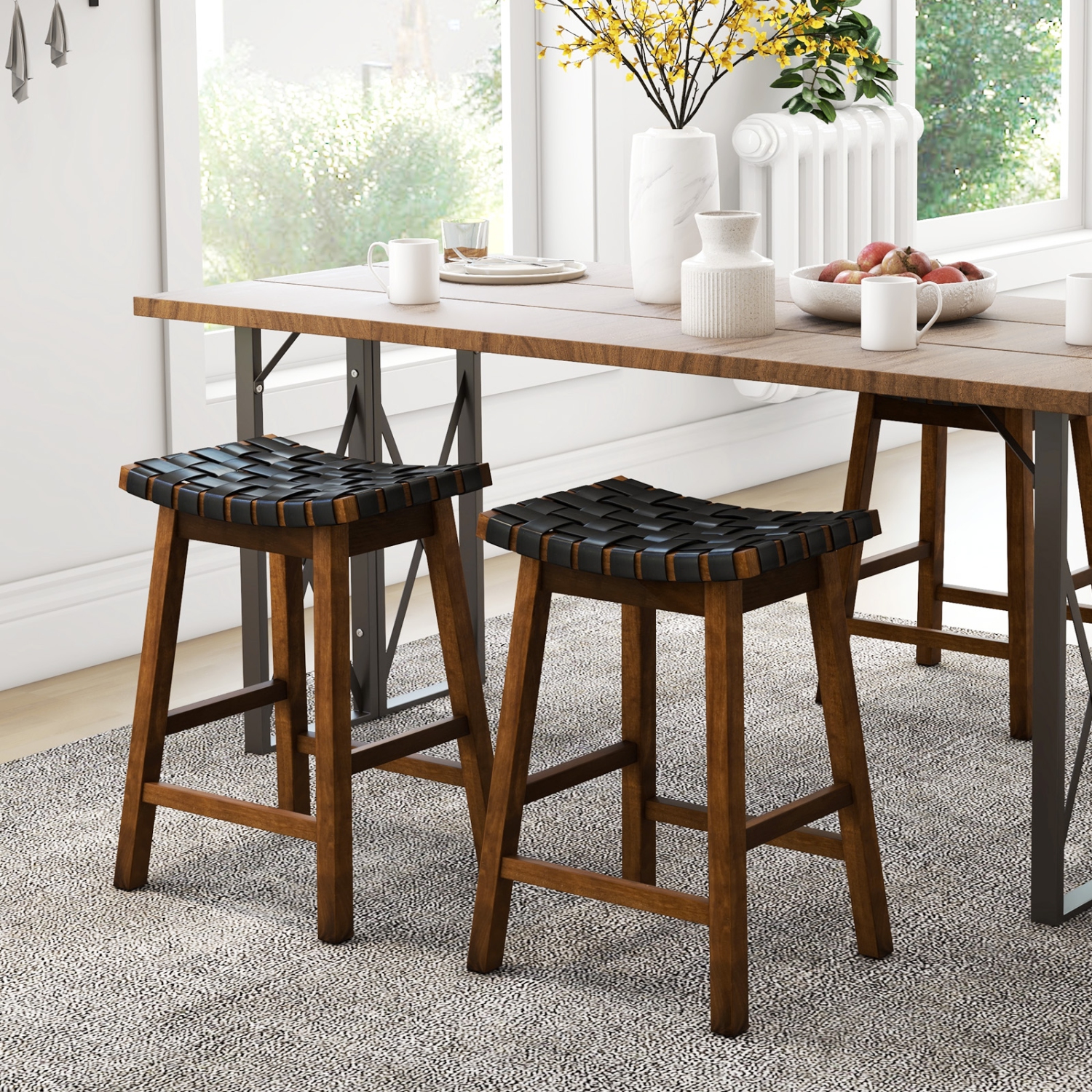 Costway Woven Saddle Stools Set of 2 25.5" Faux PU Leather Counter Height Kitchen Stool