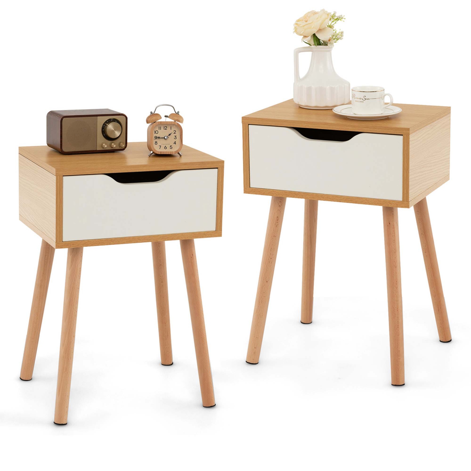 Costway 2PCS Nightstand End Side Sofa Table Storage Drawer Living Room with Solid Wood Leg