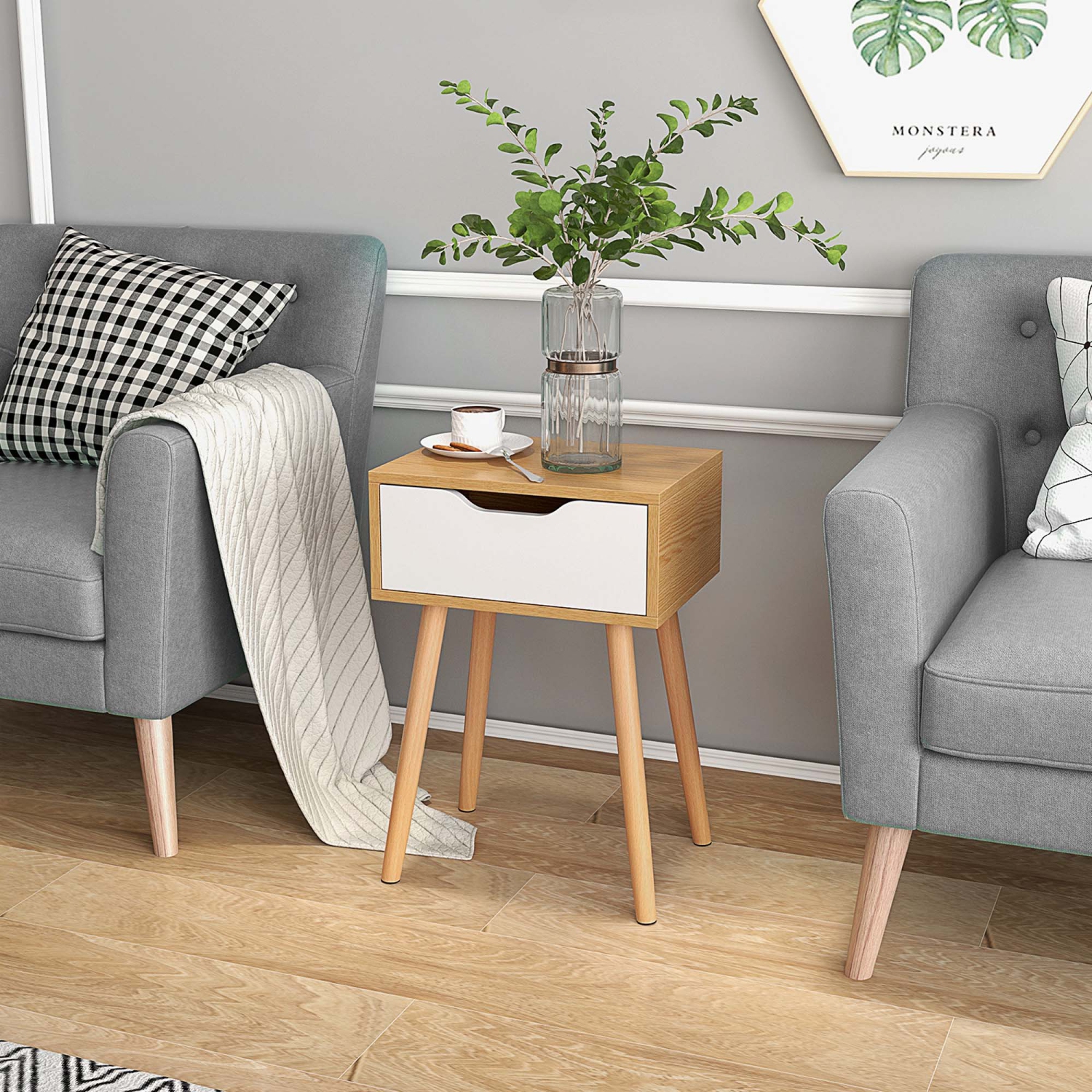 Costway 2PCS Nightstand End Side Sofa Table Storage Drawer Living Room with Solid Wood Leg