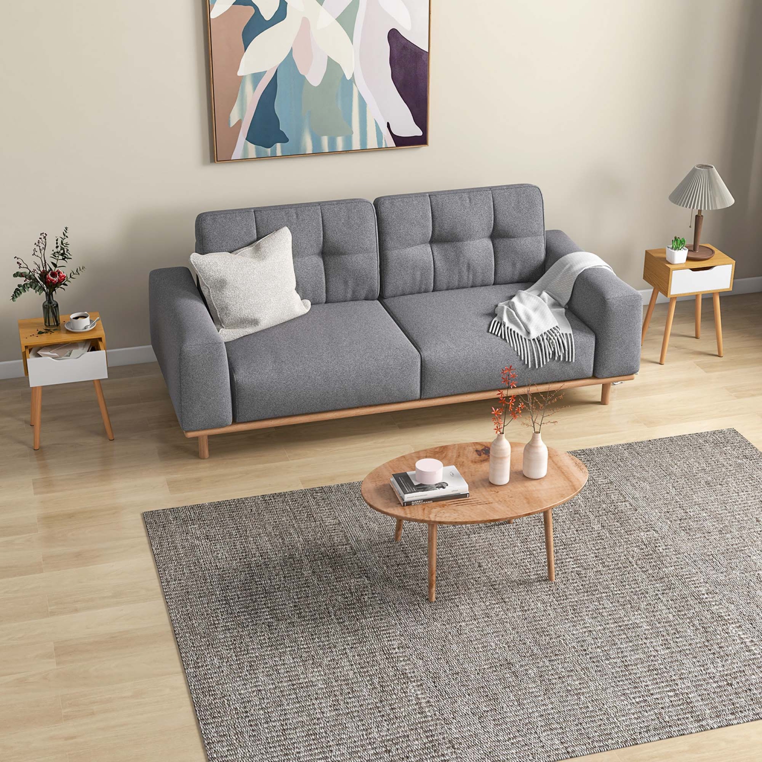 Costway 2PCS Nightstand End Side Sofa Table Storage Drawer Living Room with Solid Wood Leg