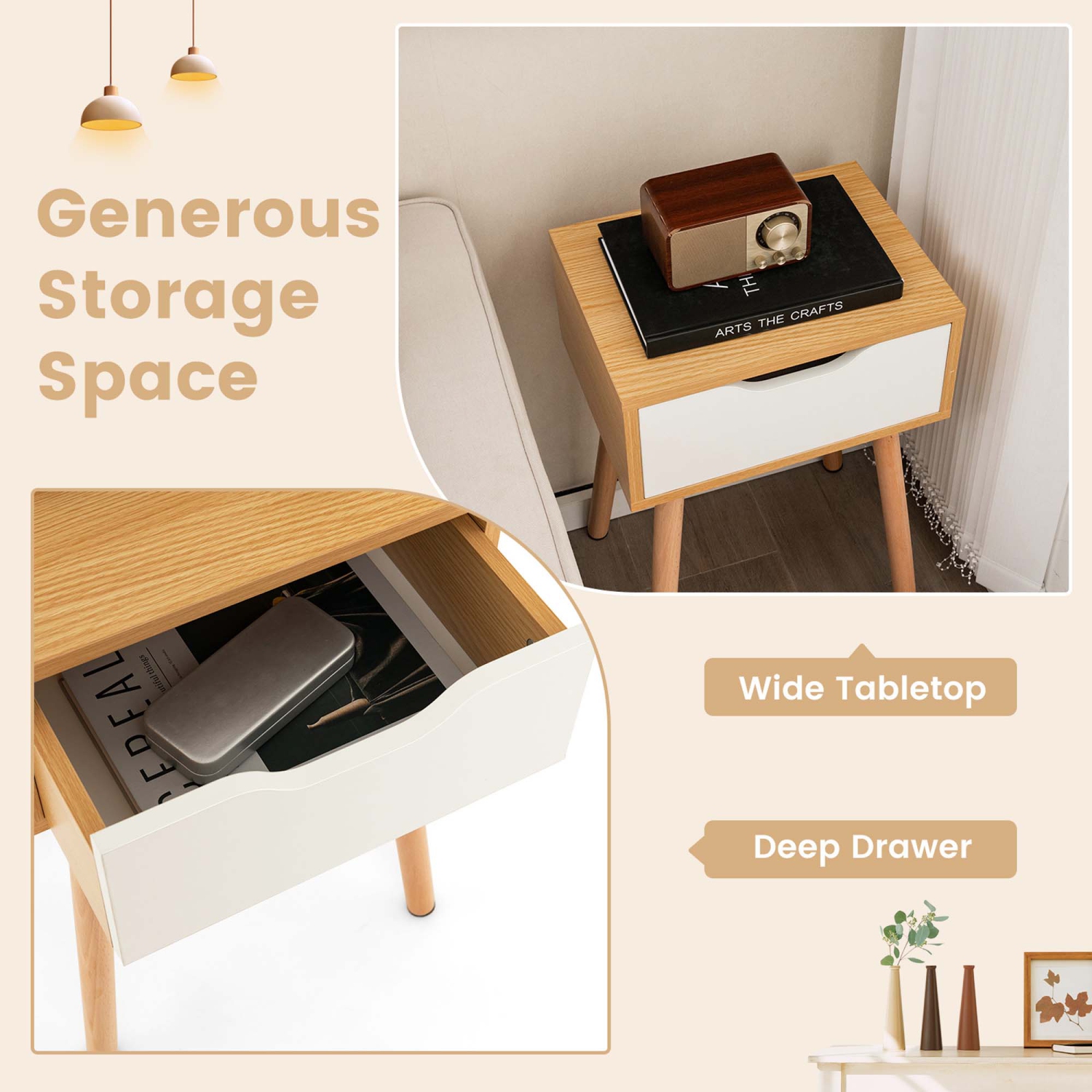 Costway 2PCS Nightstand End Side Sofa Table Storage Drawer Living Room with Solid Wood Leg