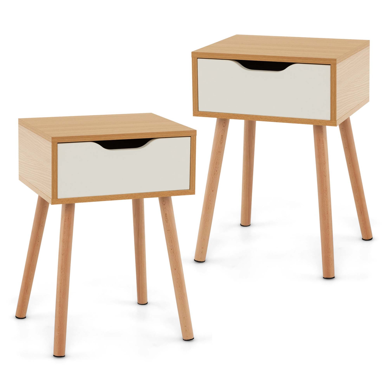 Costway 2PCS Nightstand End Side Sofa Table Storage Drawer Living Room with Solid Wood Leg
